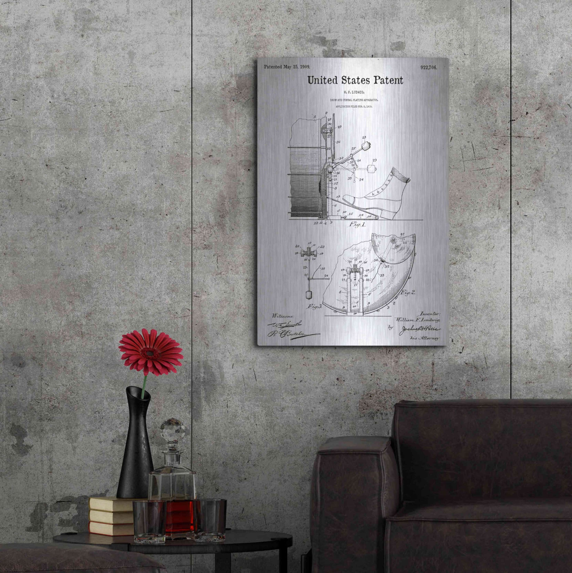 Luxe Metal Art 'Drum and Cymbal Blueprint Patent White' Metal Wall Art,24x36