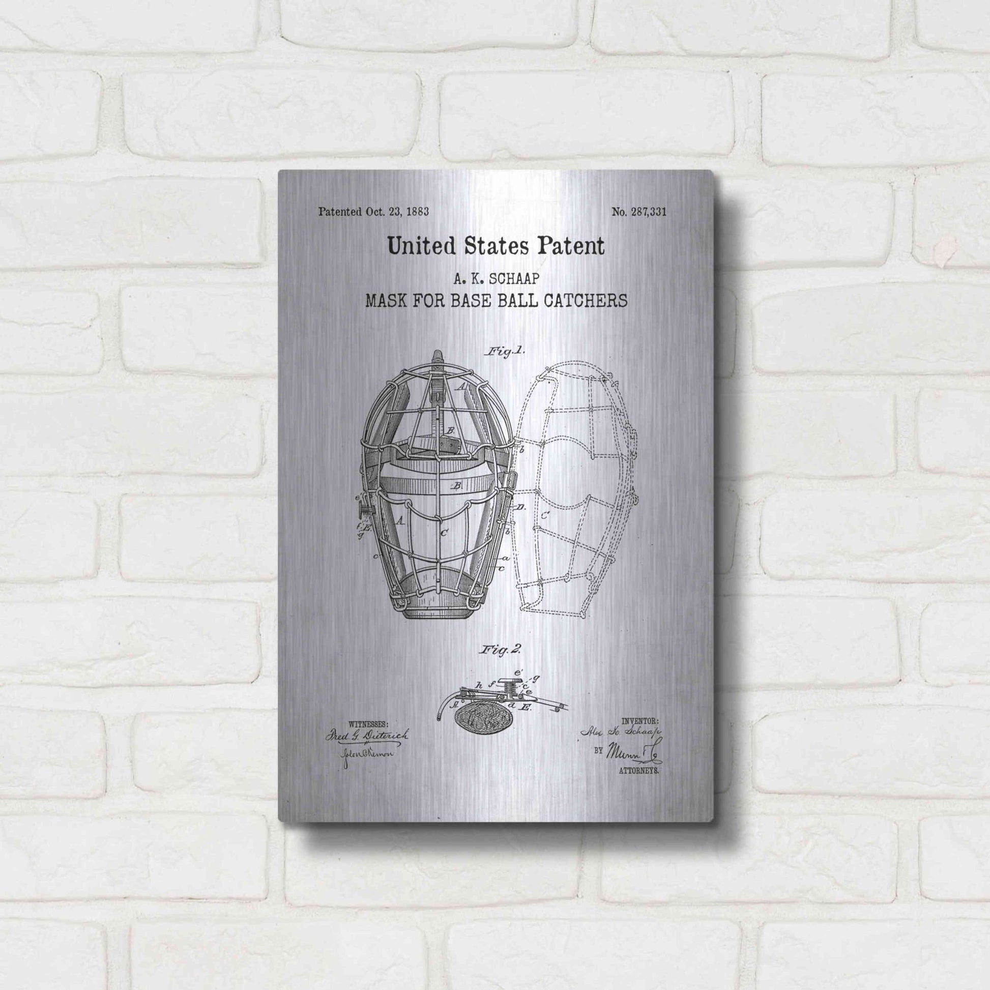 Luxe Metal Art 'Baseball Catchers Mask Blueprint Patent White' Acrylic Glass Wall Art,12x16