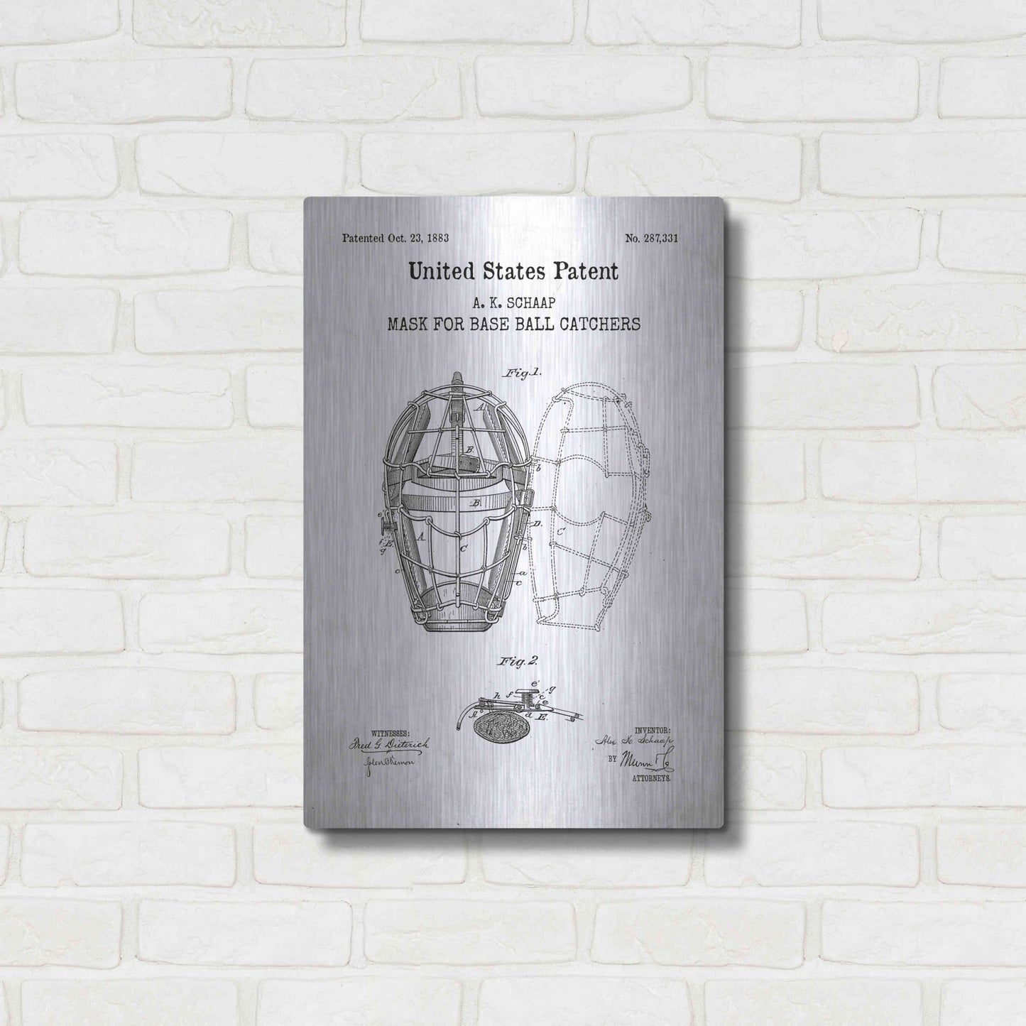 Luxe Metal Art 'Baseball Catchers Mask Blueprint Patent White' Acrylic Glass Wall Art,16x24