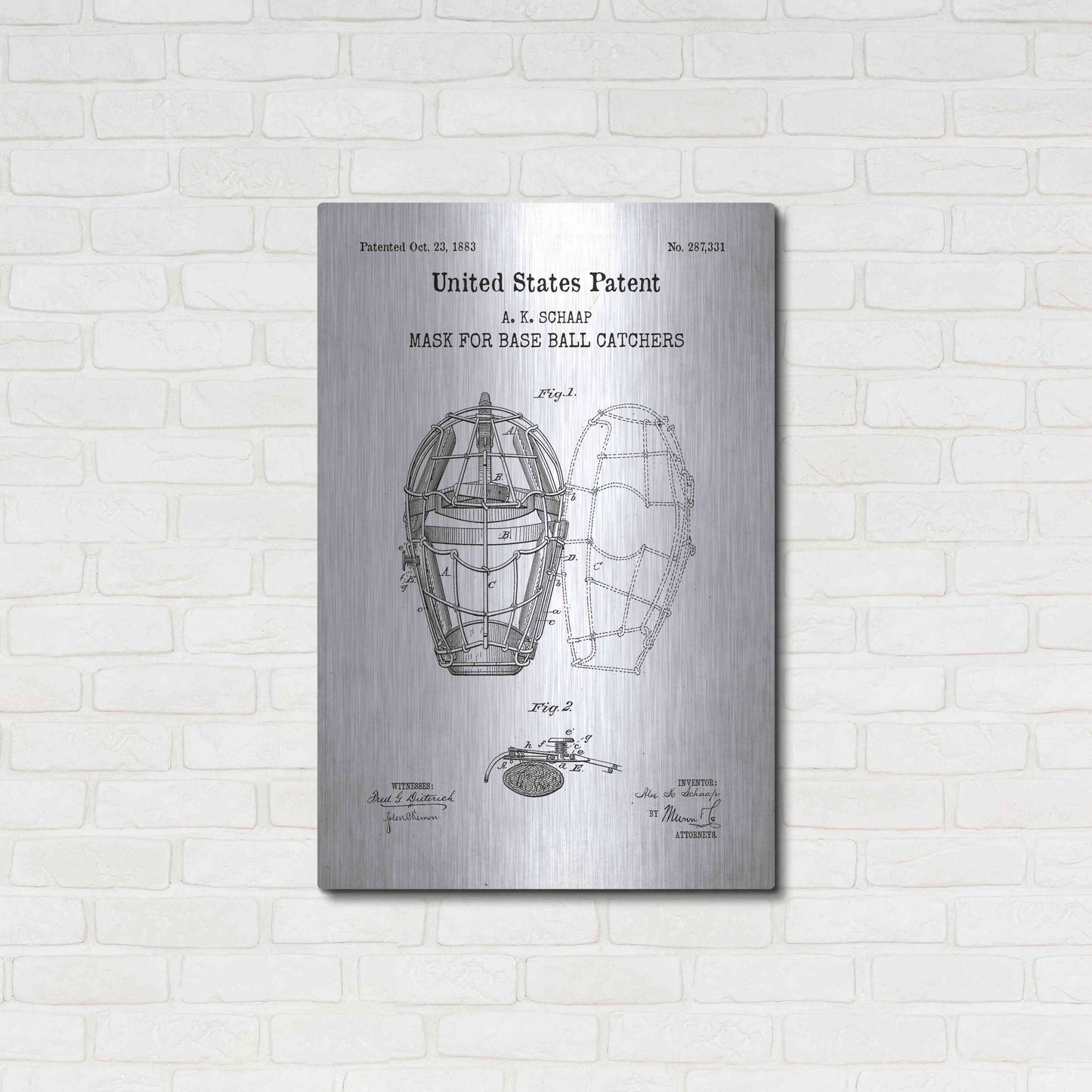 Luxe Metal Art 'Baseball Catchers Mask Blueprint Patent White' Acrylic Glass Wall Art,24x36