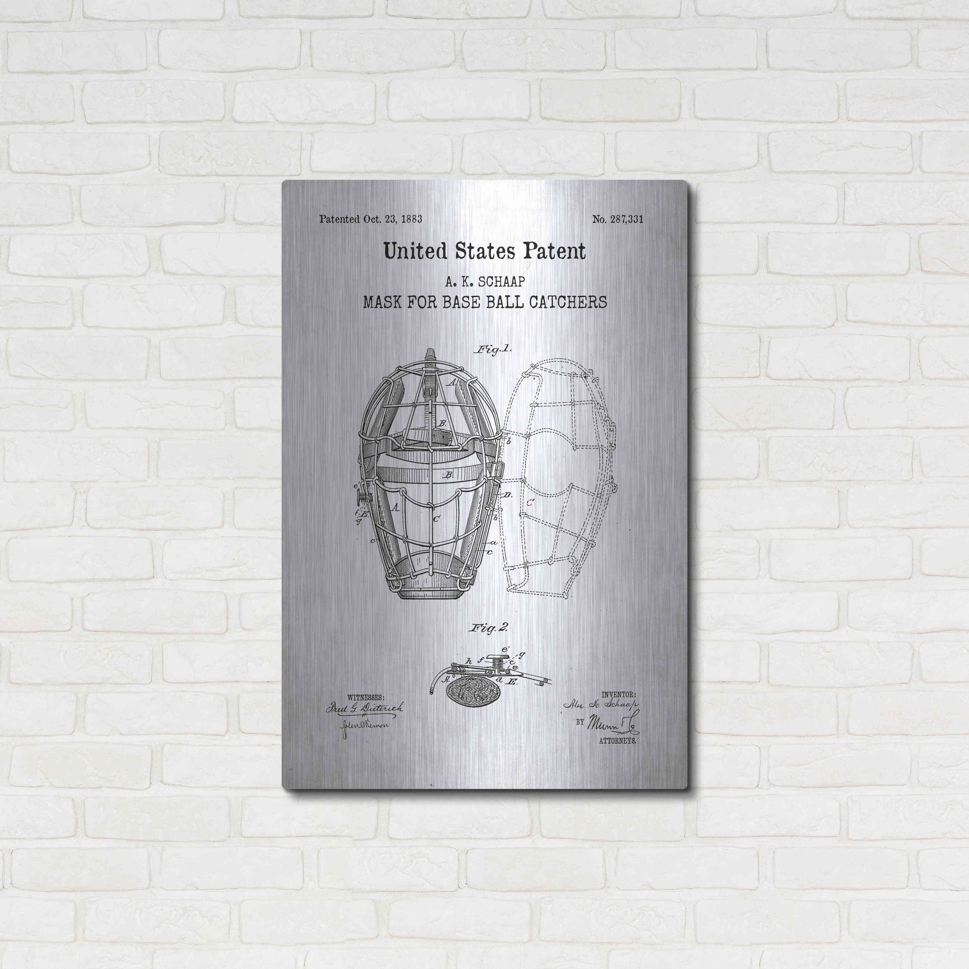 Luxe Metal Art 'Baseball Catchers Mask Blueprint Patent White' Acrylic Glass Wall Art,24x36