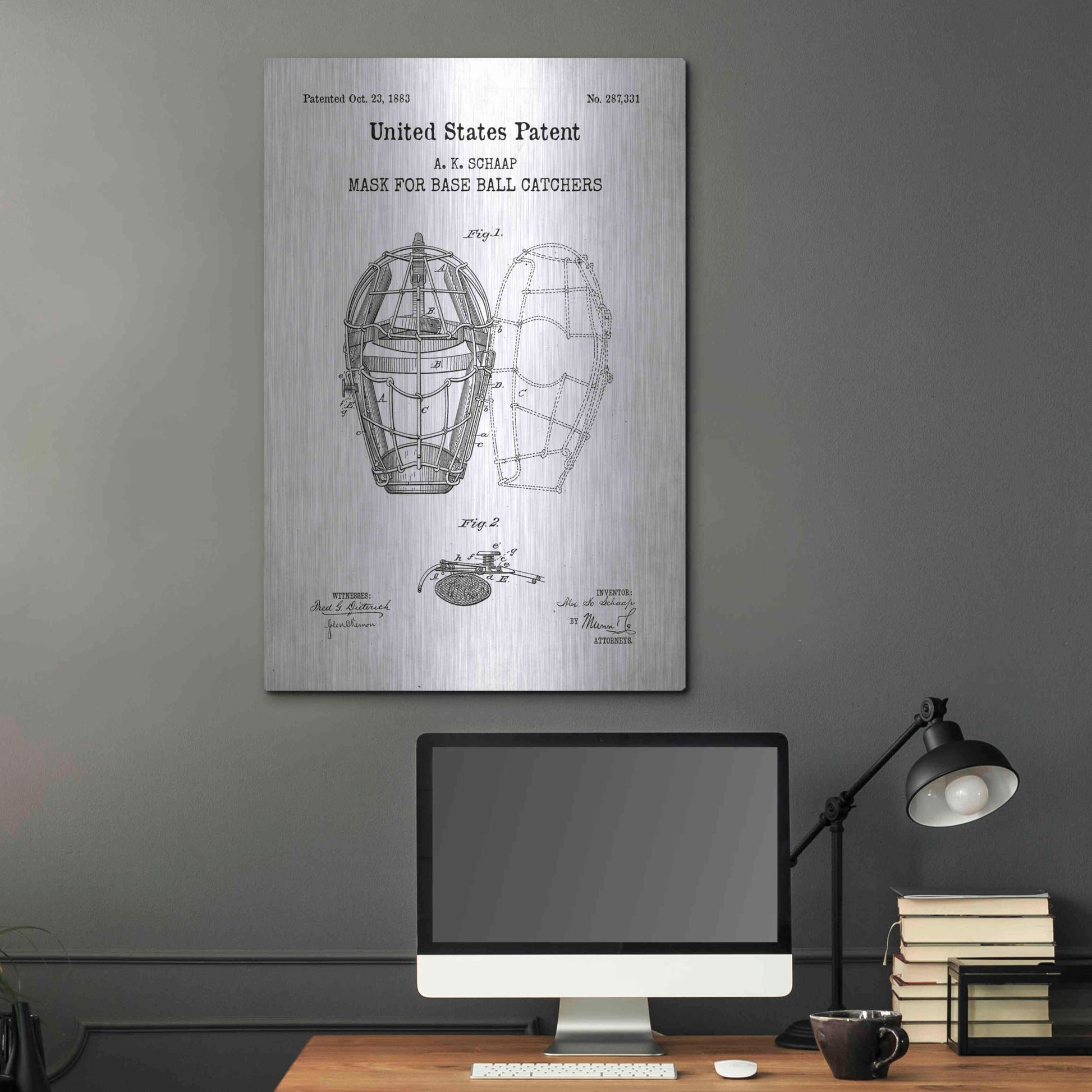 Luxe Metal Art 'Baseball Catchers Mask Blueprint Patent White' Acrylic Glass Wall Art,24x36