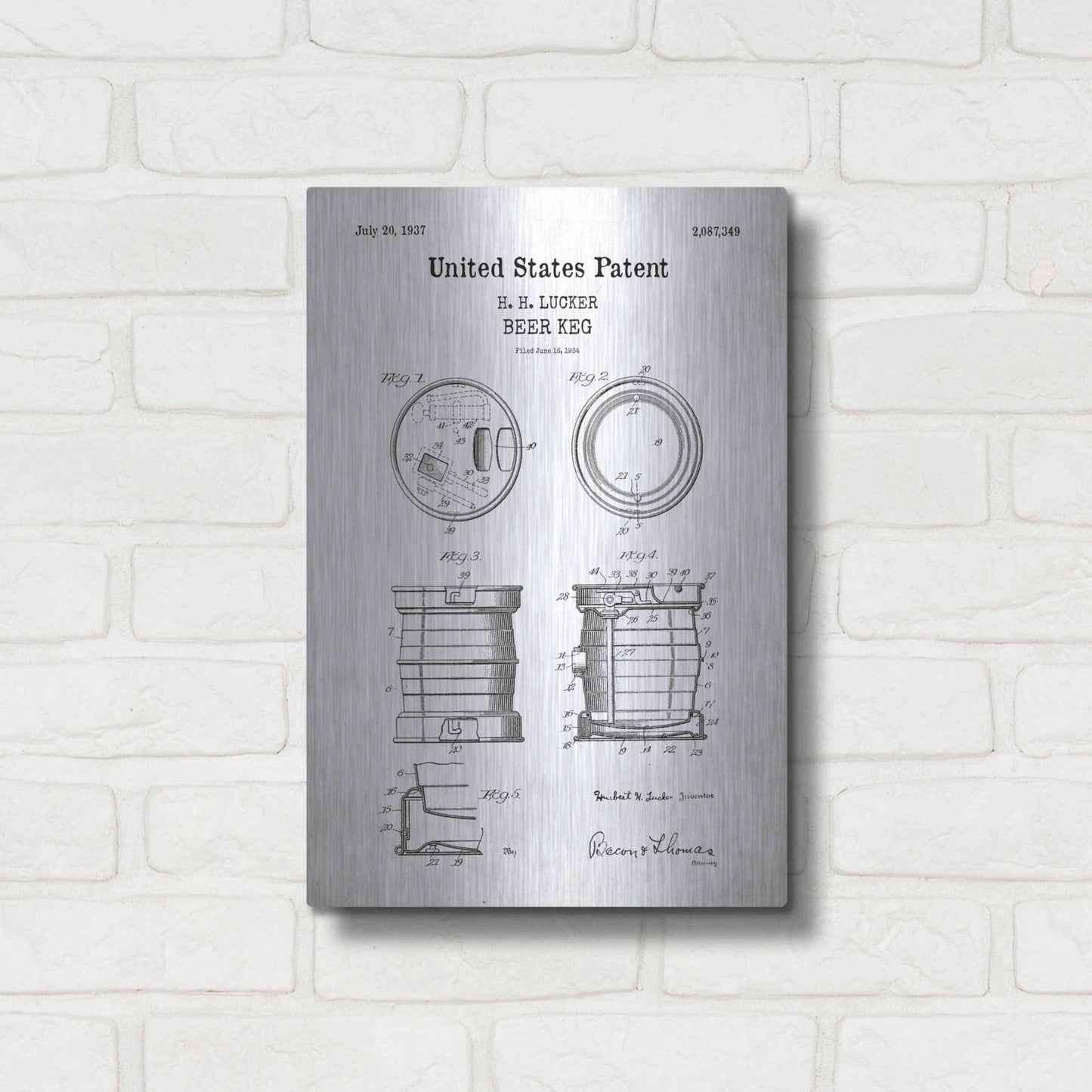 Luxe Metal Art 'Beer Keg Blueprint Patent White' Acrylic Glass Wall Art,12x16