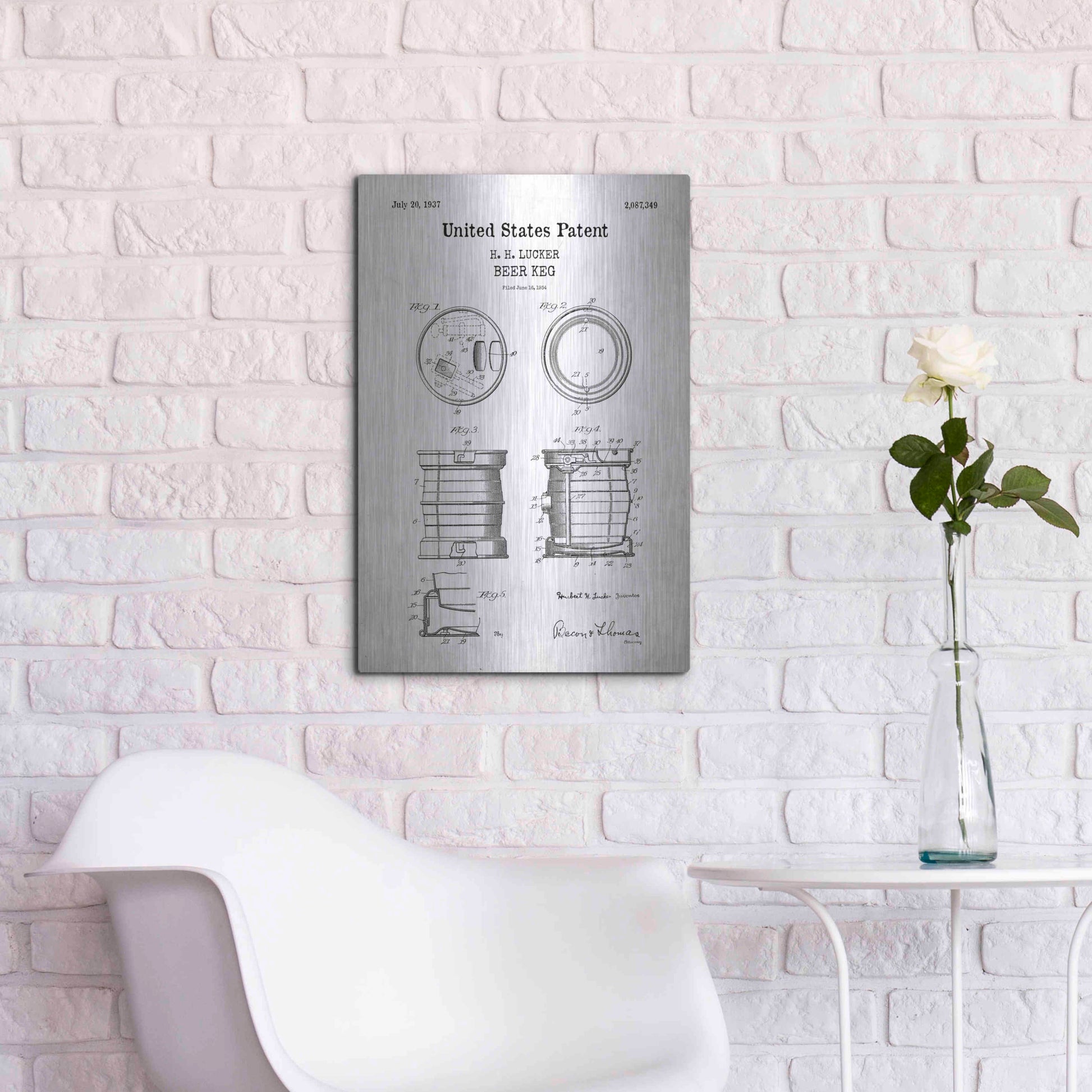 Luxe Metal Art 'Beer Keg Blueprint Patent White' Acrylic Glass Wall Art,16x24