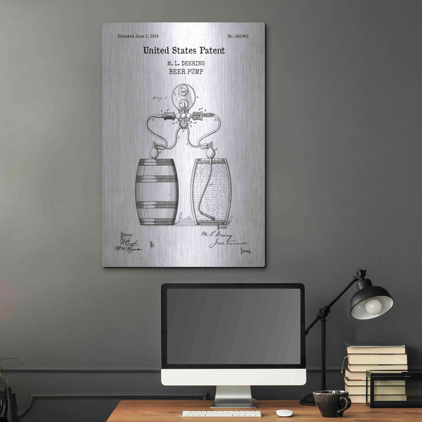 Luxe Metal Art 'Beer Pump Blueprint Patent White' Acrylic Glass Wall Art,24x36