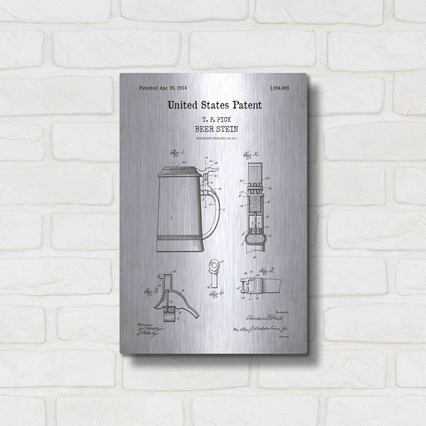 Luxe Metal Art 'Beer Stein Blueprint Patent White' Acrylic Glass Wall Art,12x16