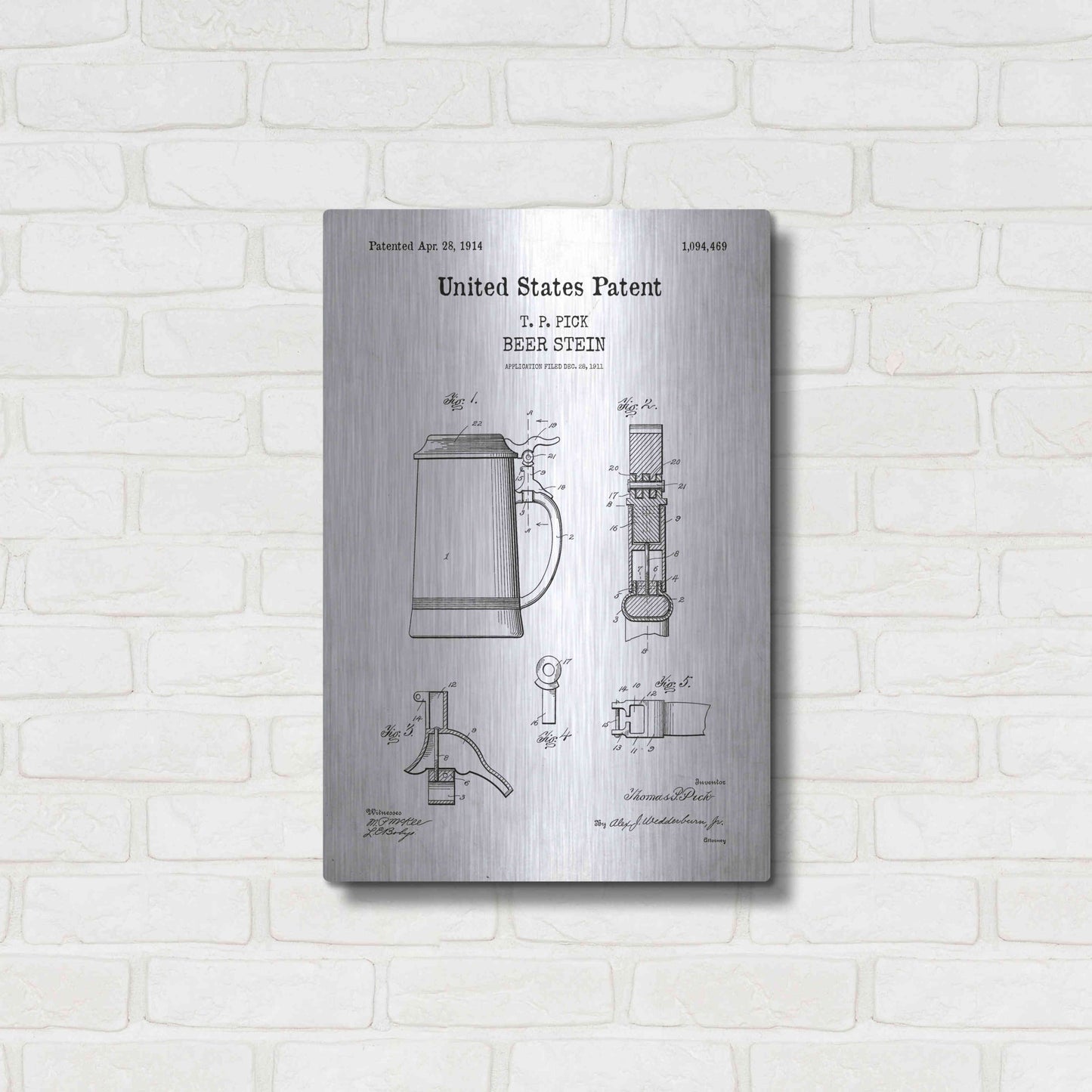 Luxe Metal Art 'Beer Stein Blueprint Patent White' Acrylic Glass Wall Art,16x24