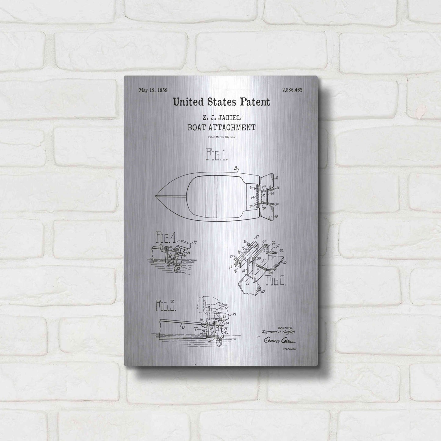 Luxe Metal Art 'Boat Attachment Blueprint Patent White' Acrylic Glass Wall Art,12x16