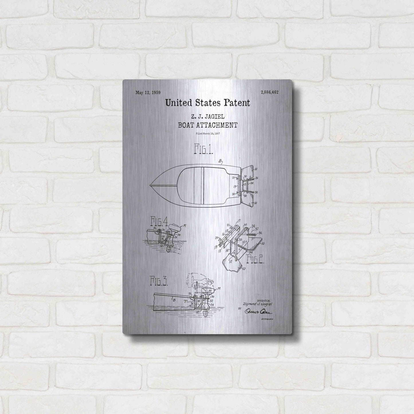 Luxe Metal Art 'Boat Attachment Blueprint Patent White' Acrylic Glass Wall Art,16x24