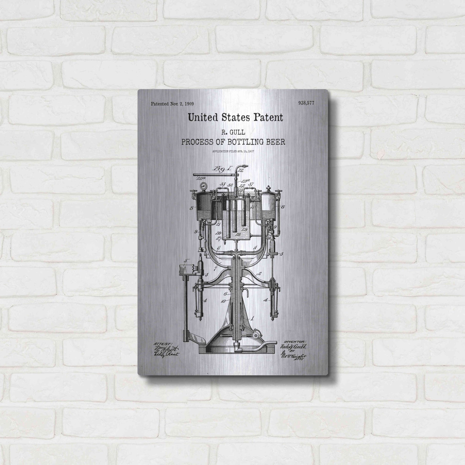 Luxe Metal Art 'Bottling Beer Machine Blueprint Patent White' Acrylic Glass Wall Art,16x24