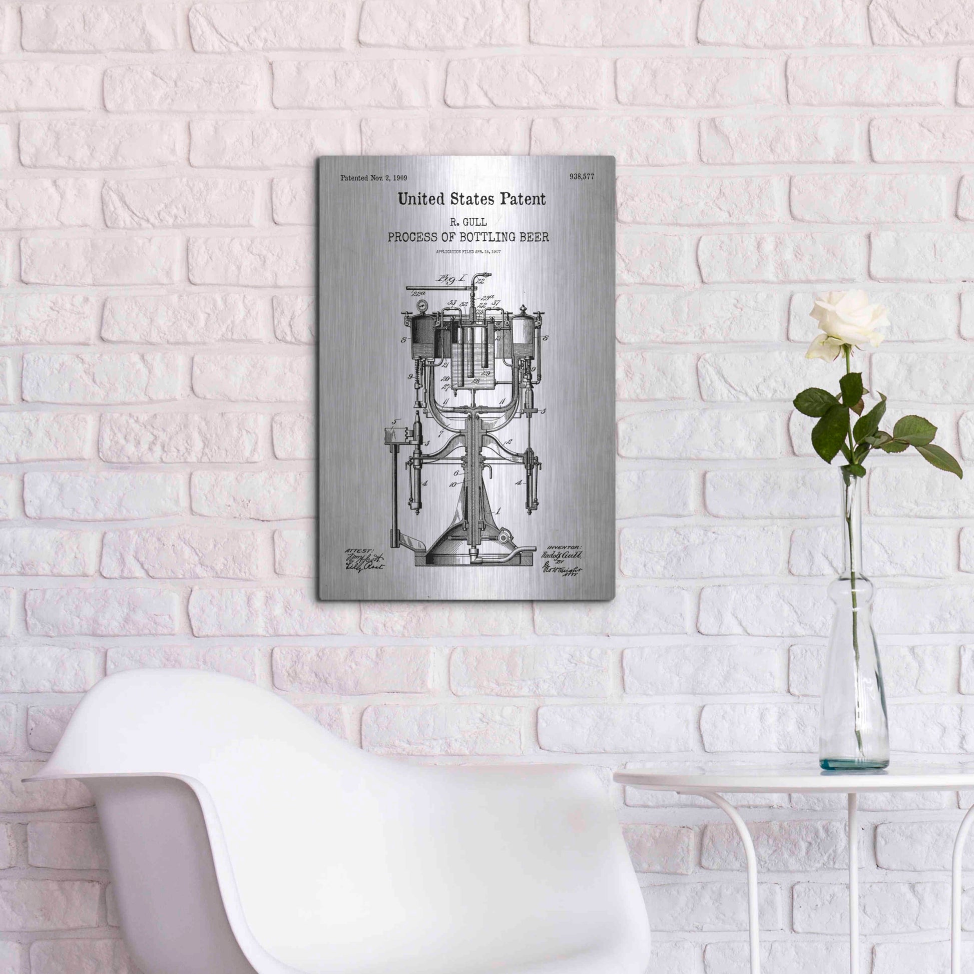 Luxe Metal Art 'Bottling Beer Machine Blueprint Patent White' Acrylic Glass Wall Art,16x24