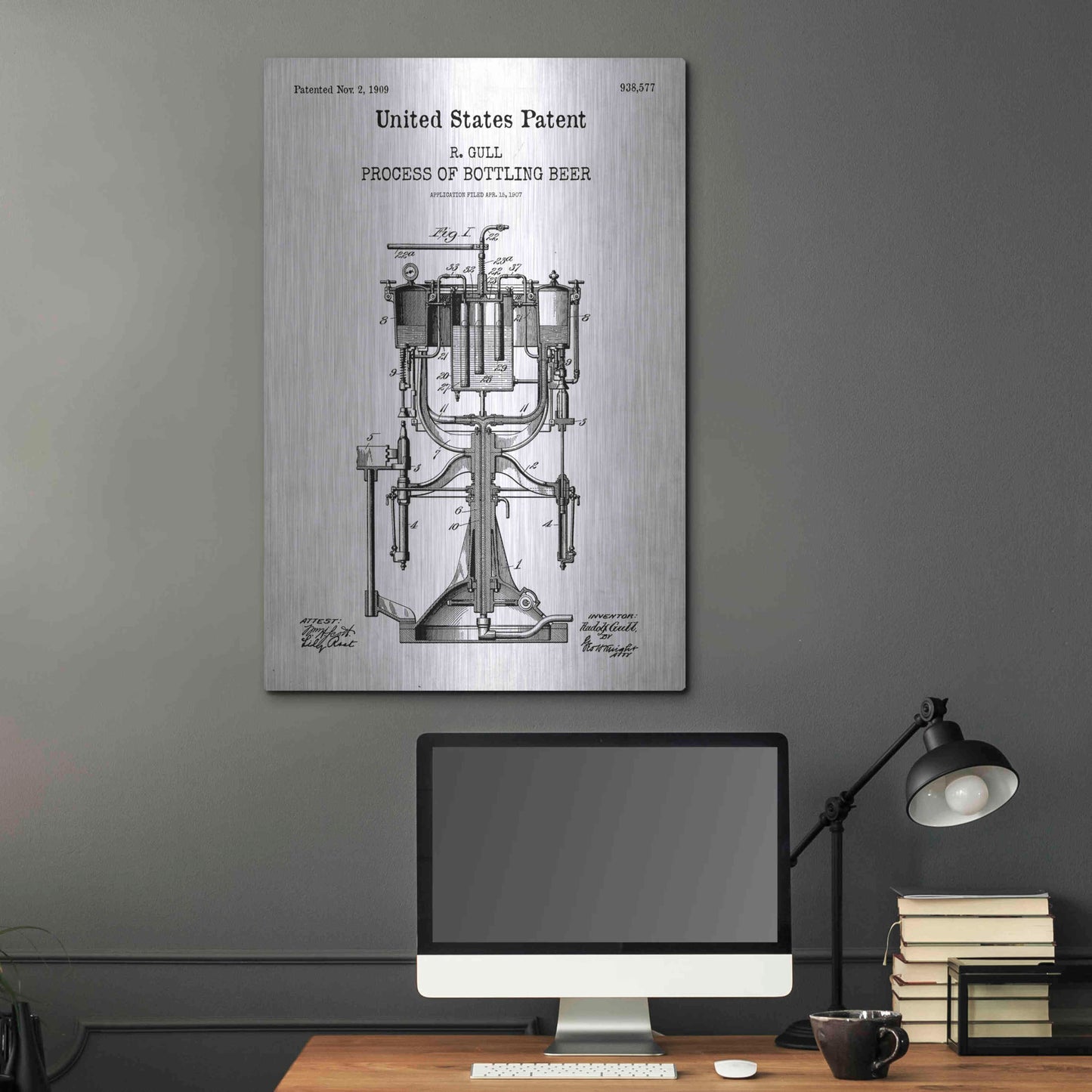 Luxe Metal Art 'Bottling Beer Machine Blueprint Patent White' Acrylic Glass Wall Art,24x36