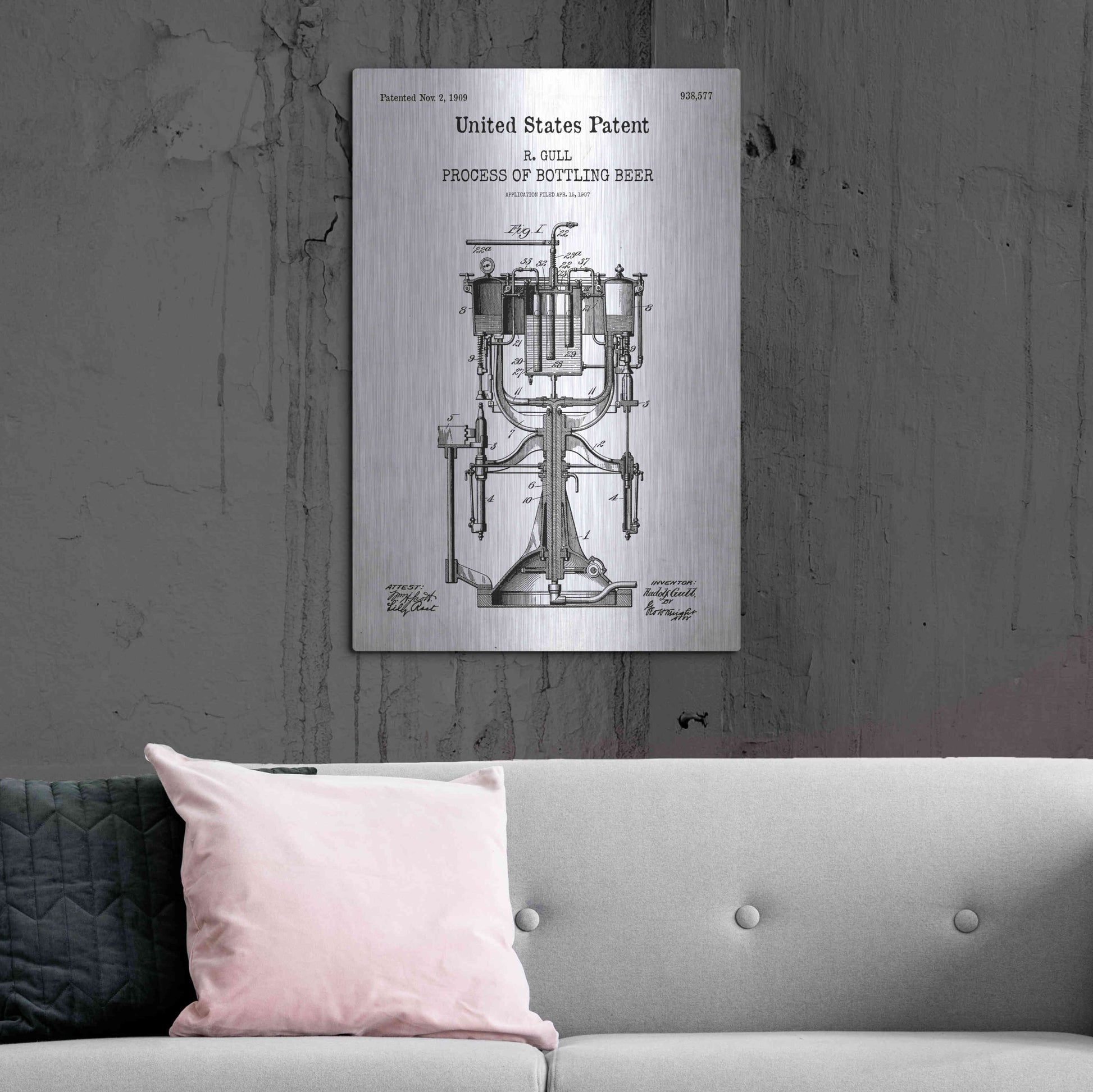 Luxe Metal Art 'Bottling Beer Machine Blueprint Patent White' Acrylic Glass Wall Art,24x36