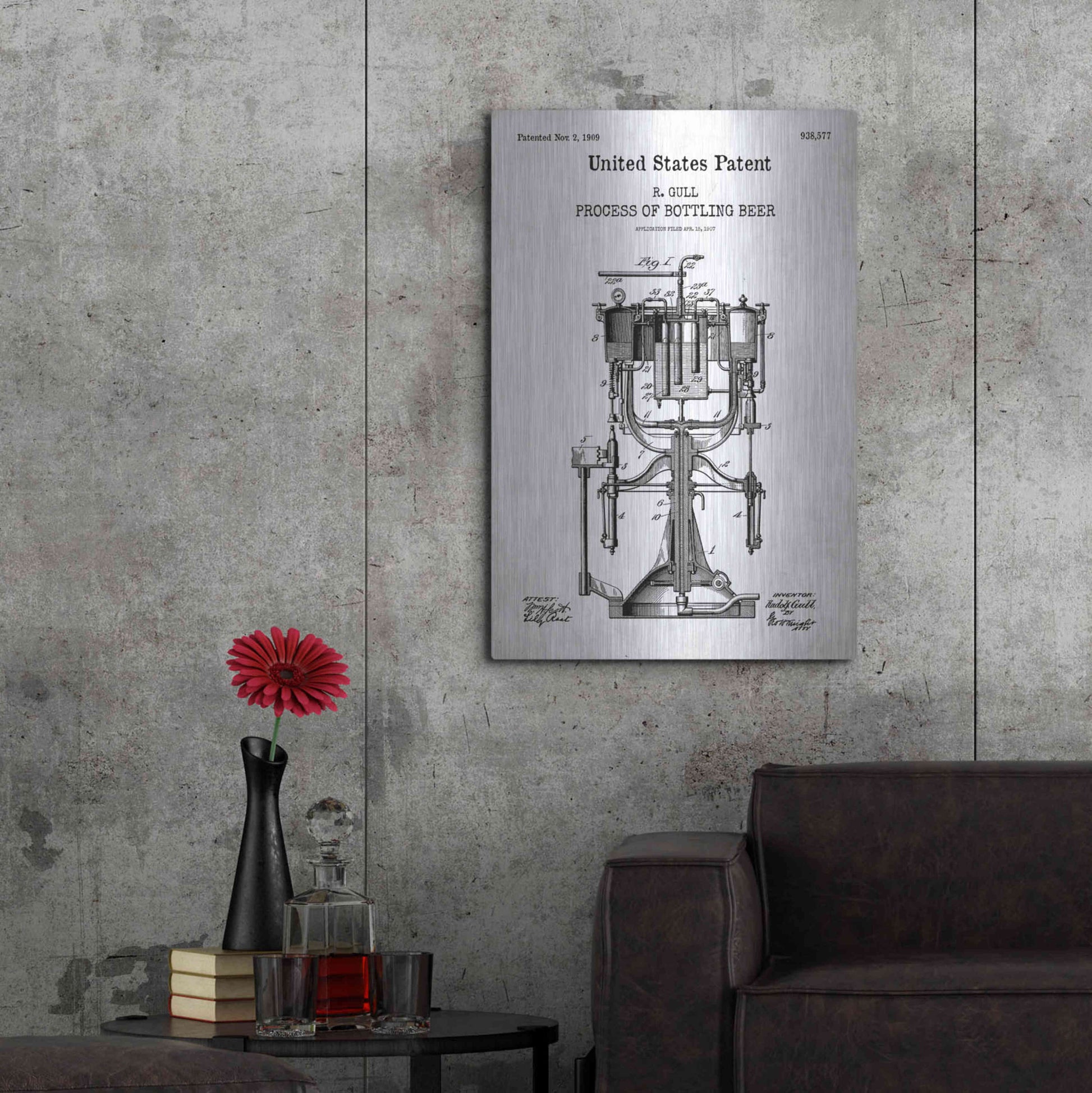 Luxe Metal Art 'Bottling Beer Machine Blueprint Patent White' Acrylic Glass Wall Art,24x36