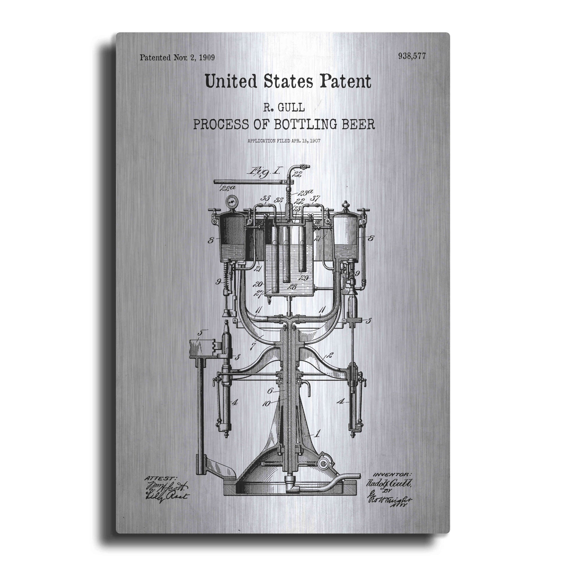 Luxe Metal Art 'Bottling Beer Machine Blueprint Patent White' Acrylic Glass Wall Art