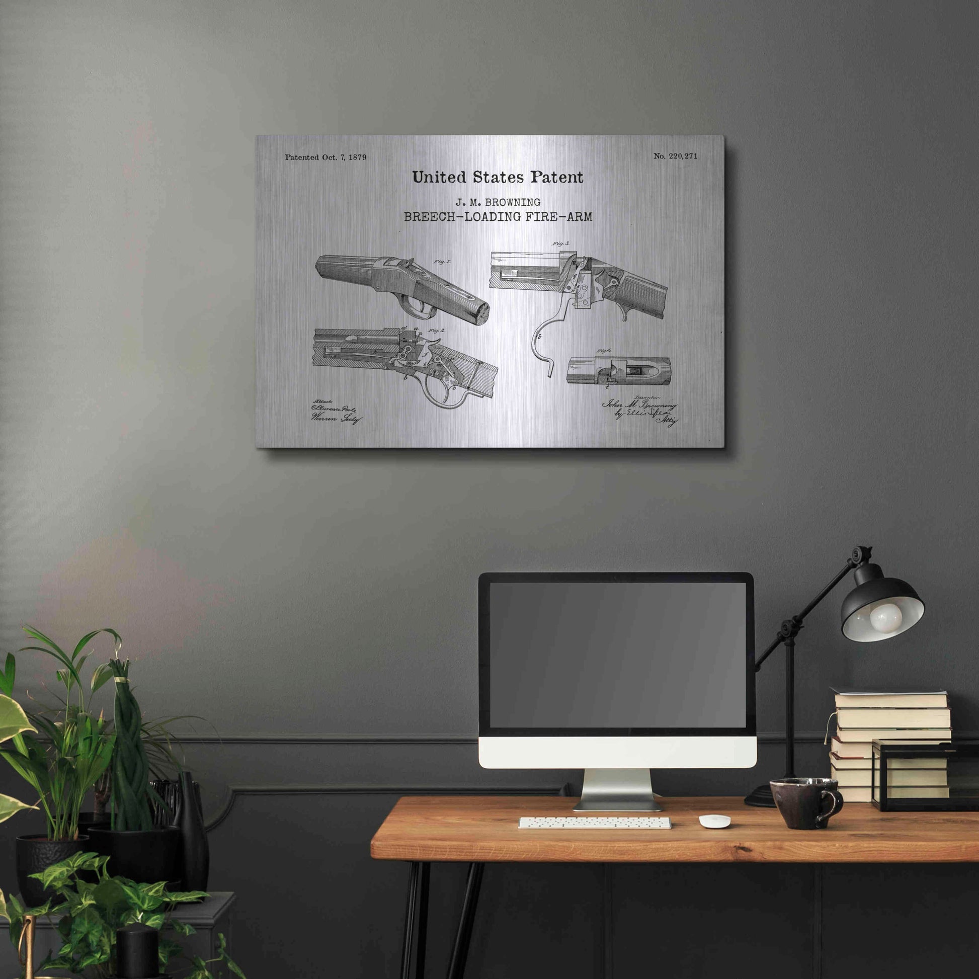 Luxe Metal Art 'Breech Loading Fire Arm Blueprint Patent White' Acrylic Glass Wall Art,36x24