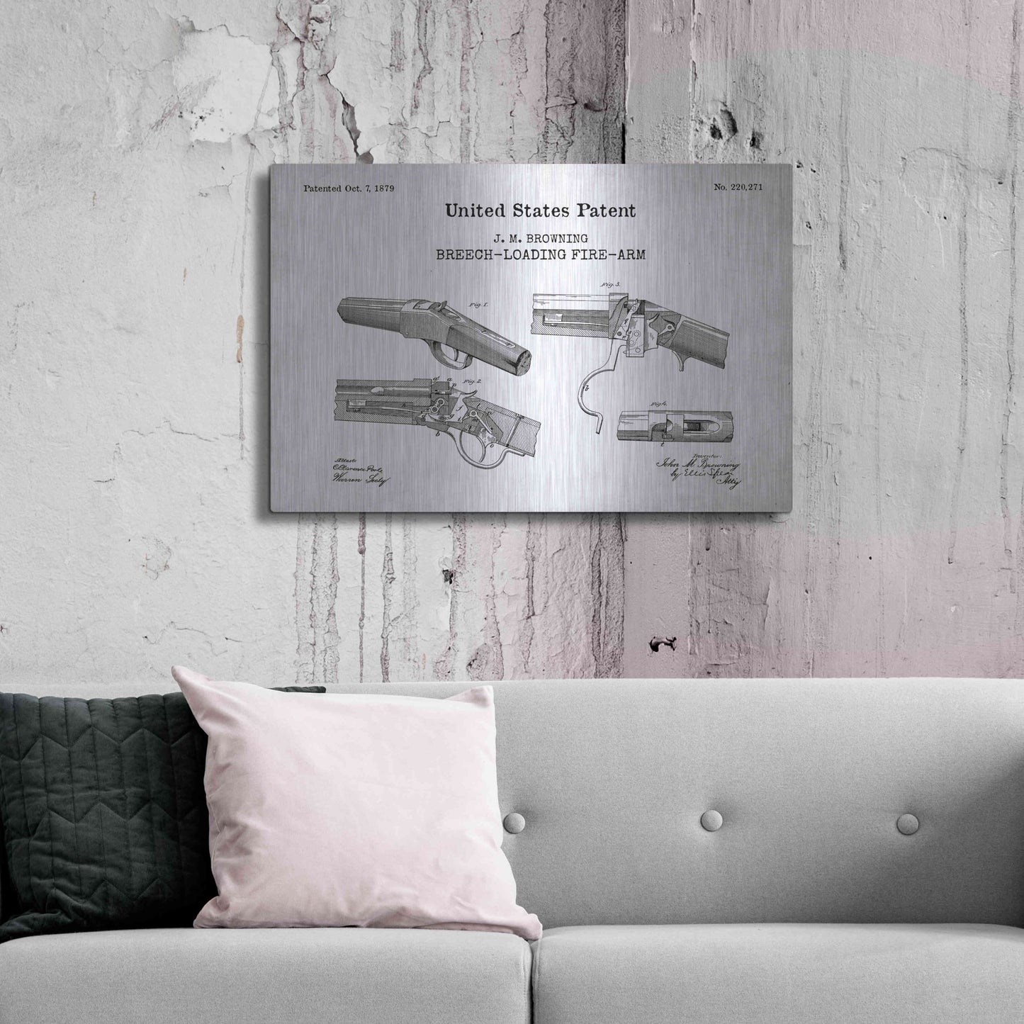 Luxe Metal Art 'Breech Loading Fire Arm Blueprint Patent White' Acrylic Glass Wall Art,36x24