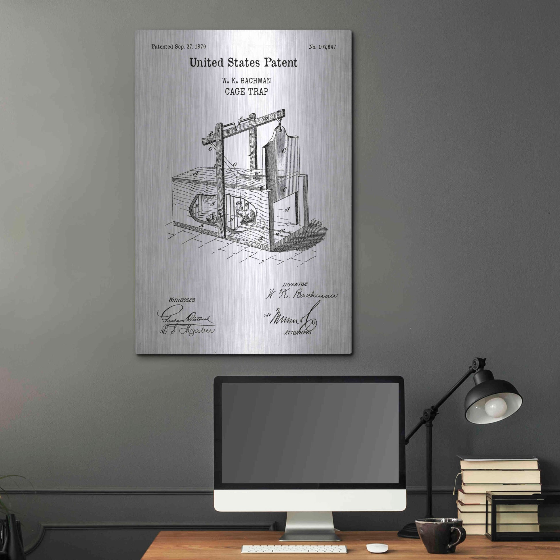 Luxe Metal Art 'Cage Trap Blueprint Patent White' Acrylic Glass Wall Art,24x36