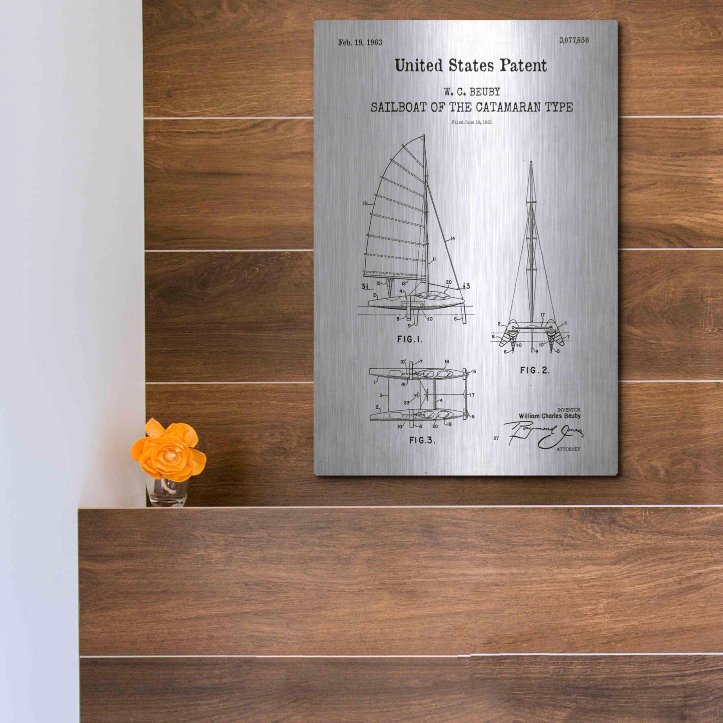 Luxe Metal Art 'Catamaran Sailboat Blueprint Patent White' Acrylic Glass Wall Art,12x16