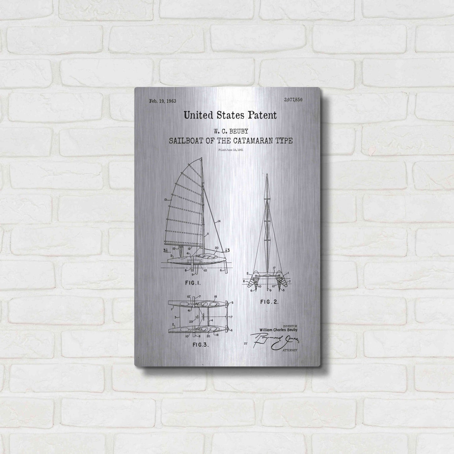 Luxe Metal Art 'Catamaran Sailboat Blueprint Patent White' Acrylic Glass Wall Art,16x24