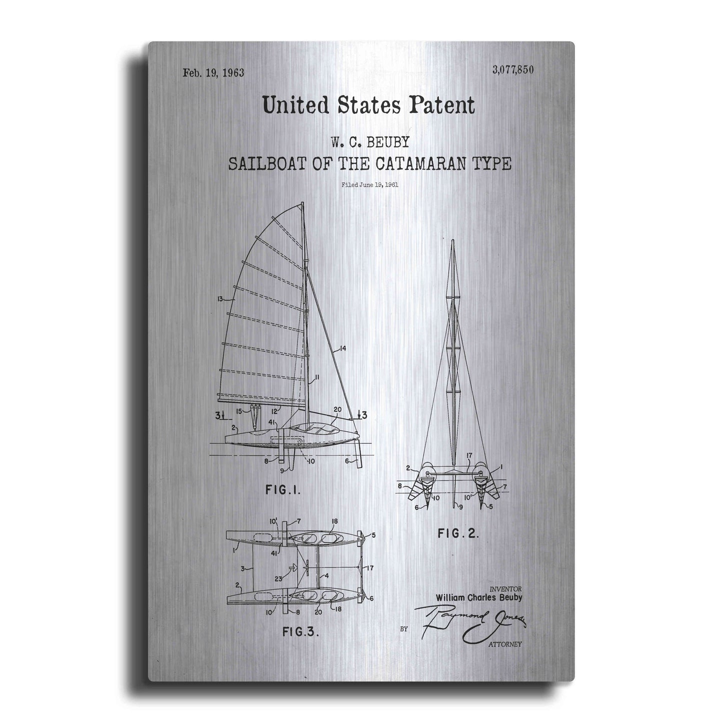 Luxe Metal Art 'Catamaran Sailboat Blueprint Patent White' Acrylic Glass Wall Art