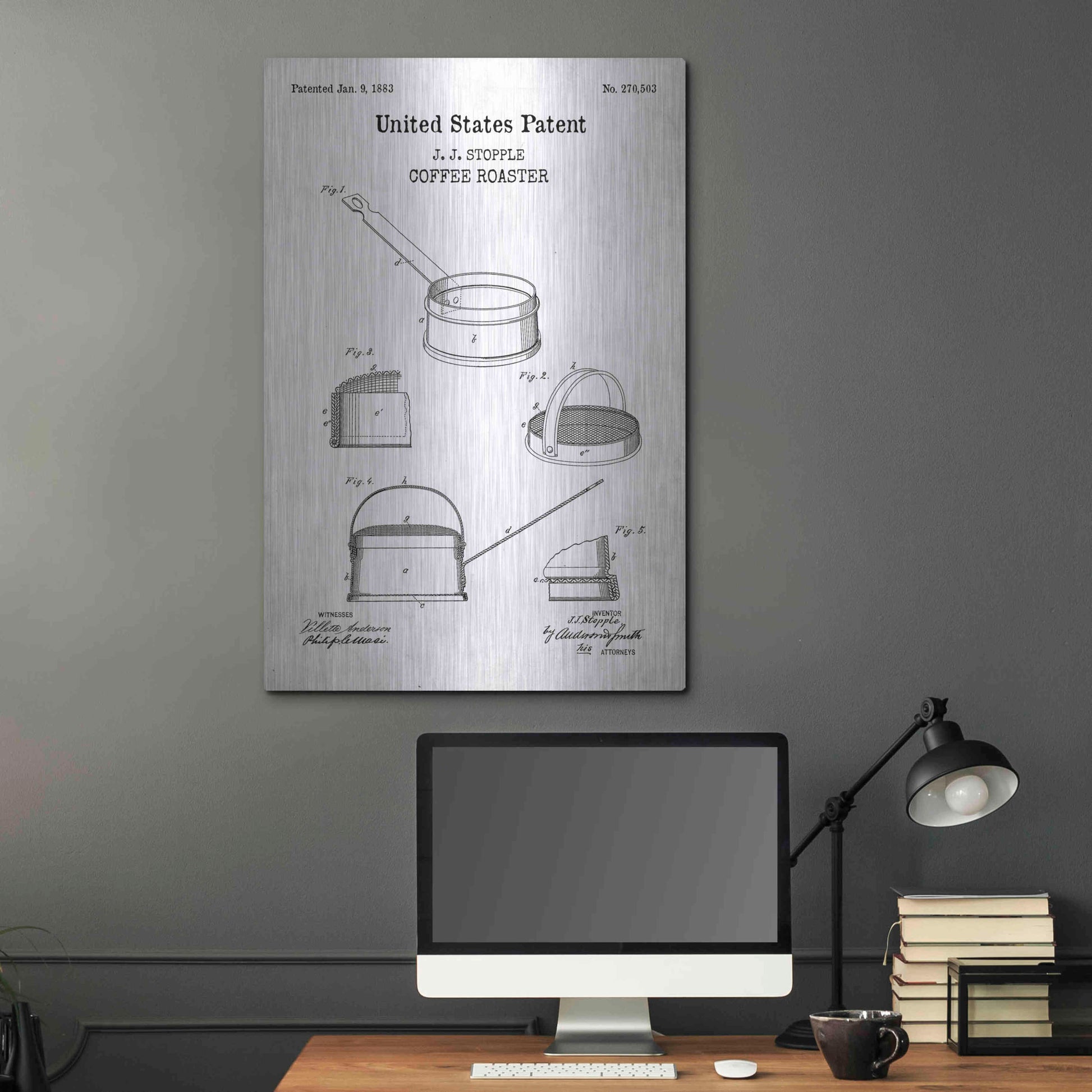 Luxe Metal Art 'Coffee Roaster Blueprint Patent White' Acrylic Glass Wall Art,24x36