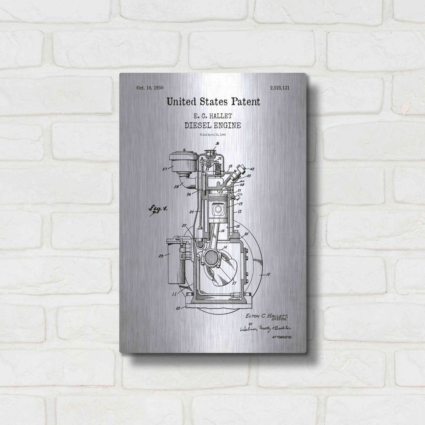 Luxe Metal Art 'Diesel Engine Blueprint Patent White' Acrylic Glass Wall Art,12x16