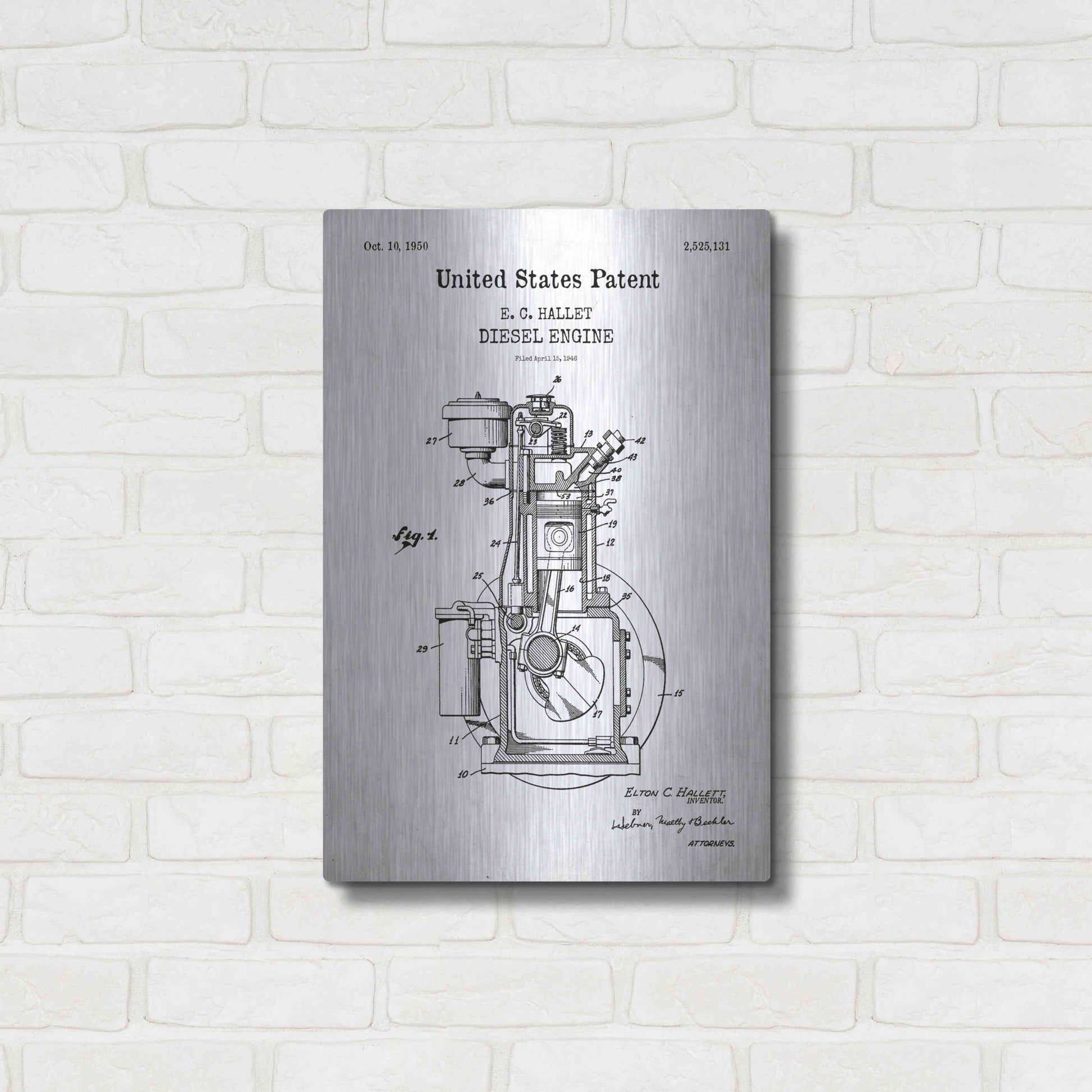 Luxe Metal Art 'Diesel Engine Blueprint Patent White' Acrylic Glass Wall Art,16x24