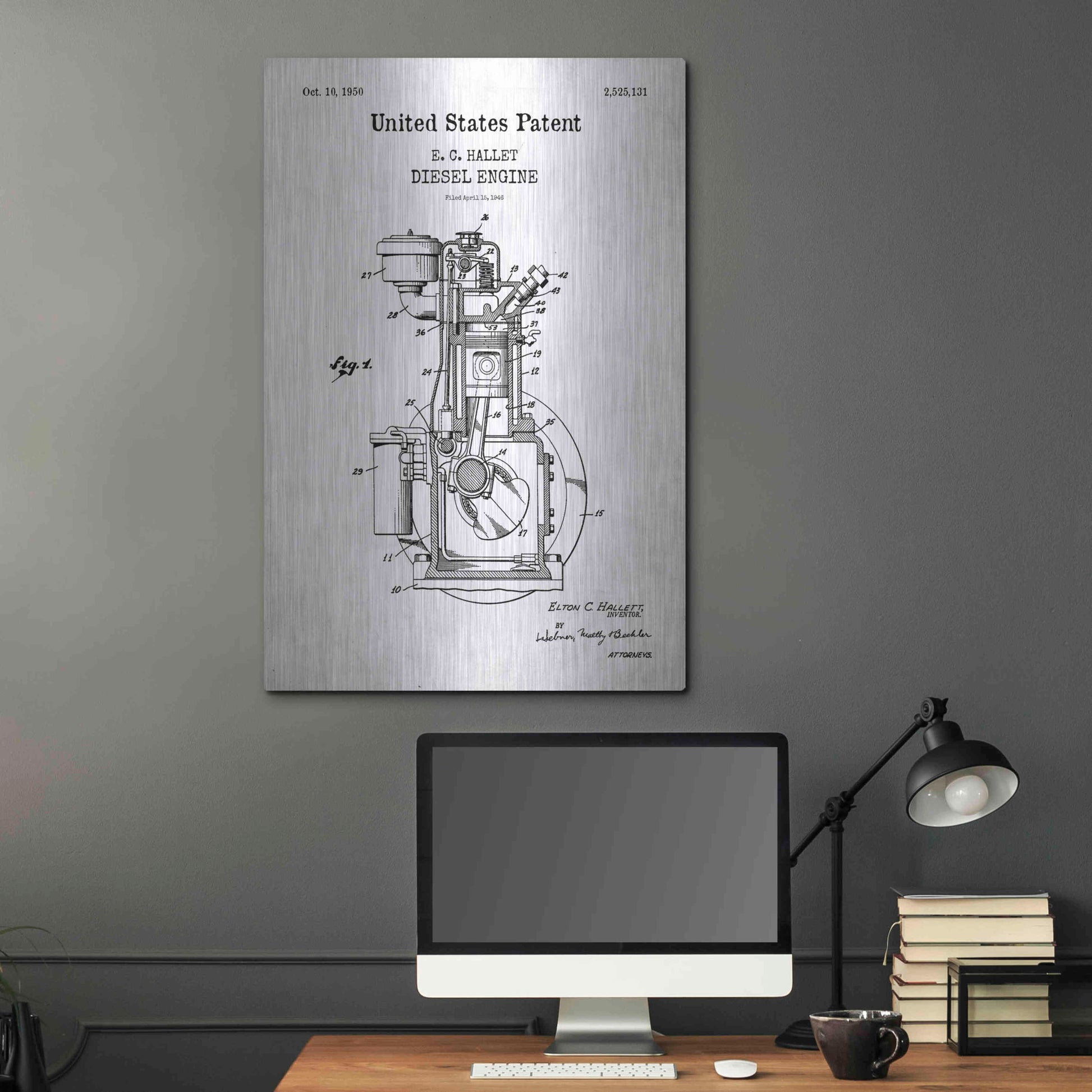 Luxe Metal Art 'Diesel Engine Blueprint Patent White' Acrylic Glass Wall Art,24x36