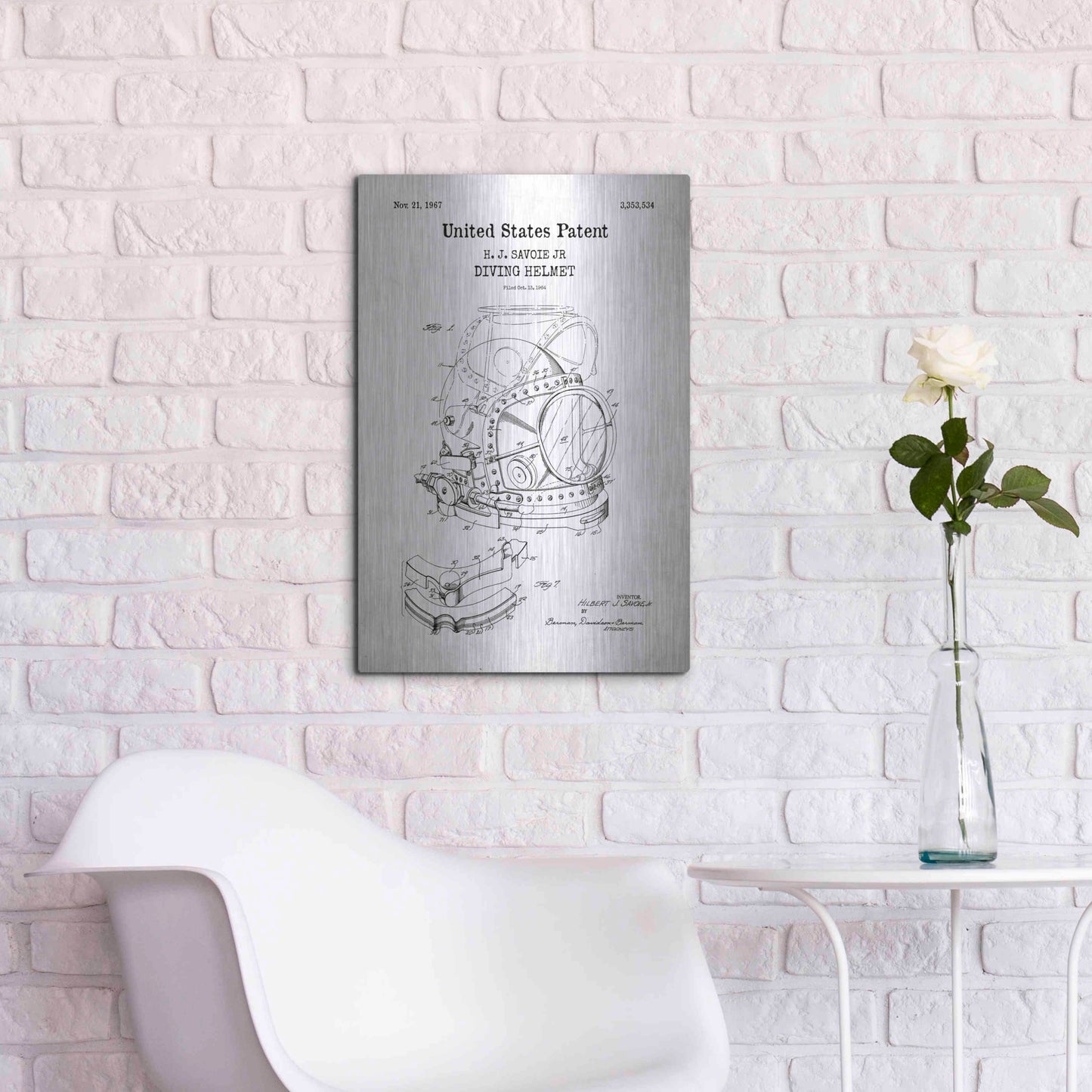 Luxe Metal Art 'Diving Helmet Blueprint Patent White' Acrylic Glass Wall Art,16x24