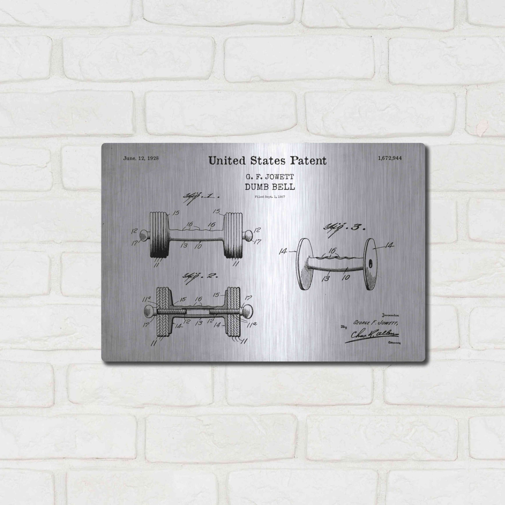 Luxe Metal Art 'Dumbbell Blueprint Patent White' Acrylic Glass Wall Art,16x12