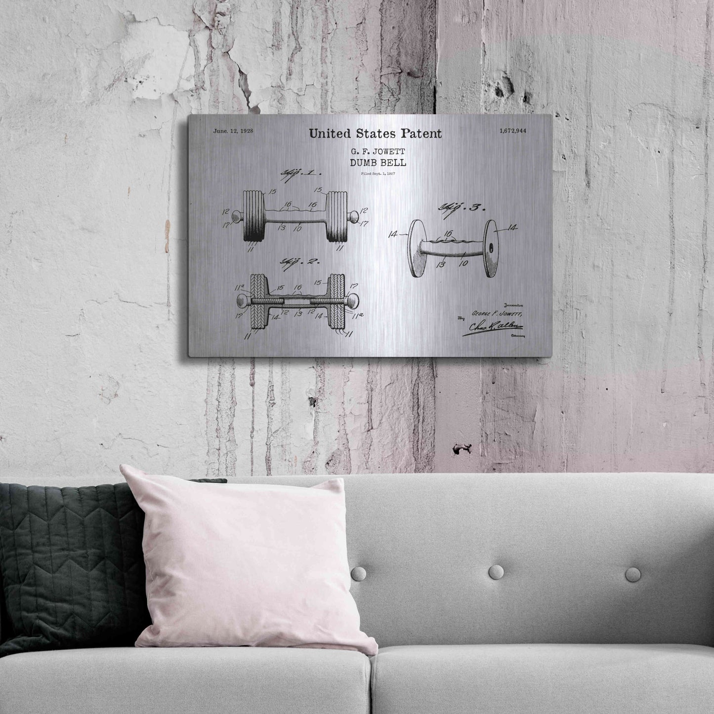 Luxe Metal Art 'Dumbbell Blueprint Patent White' Acrylic Glass Wall Art,36x24