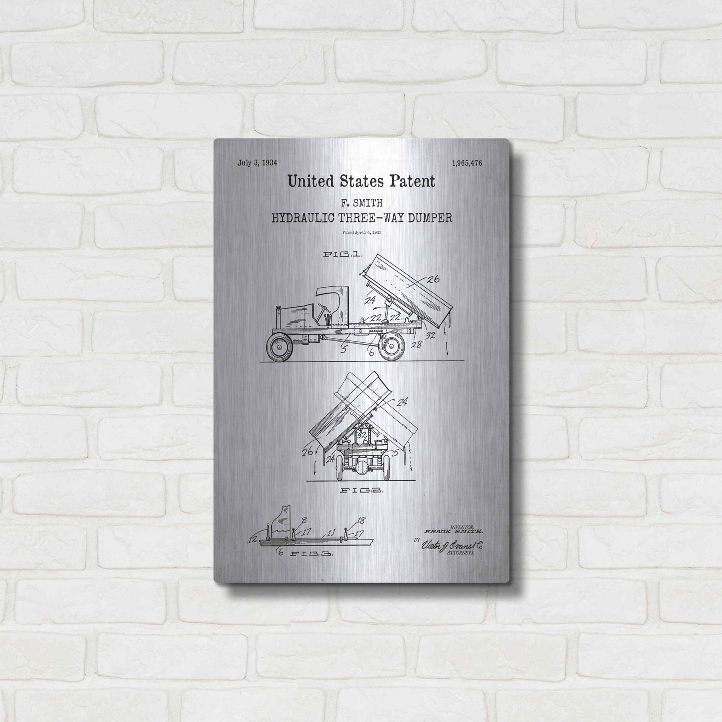 Luxe Metal Art 'Dump Truck 1934 Blueprint Patent White' Metal Wall Art,16x24