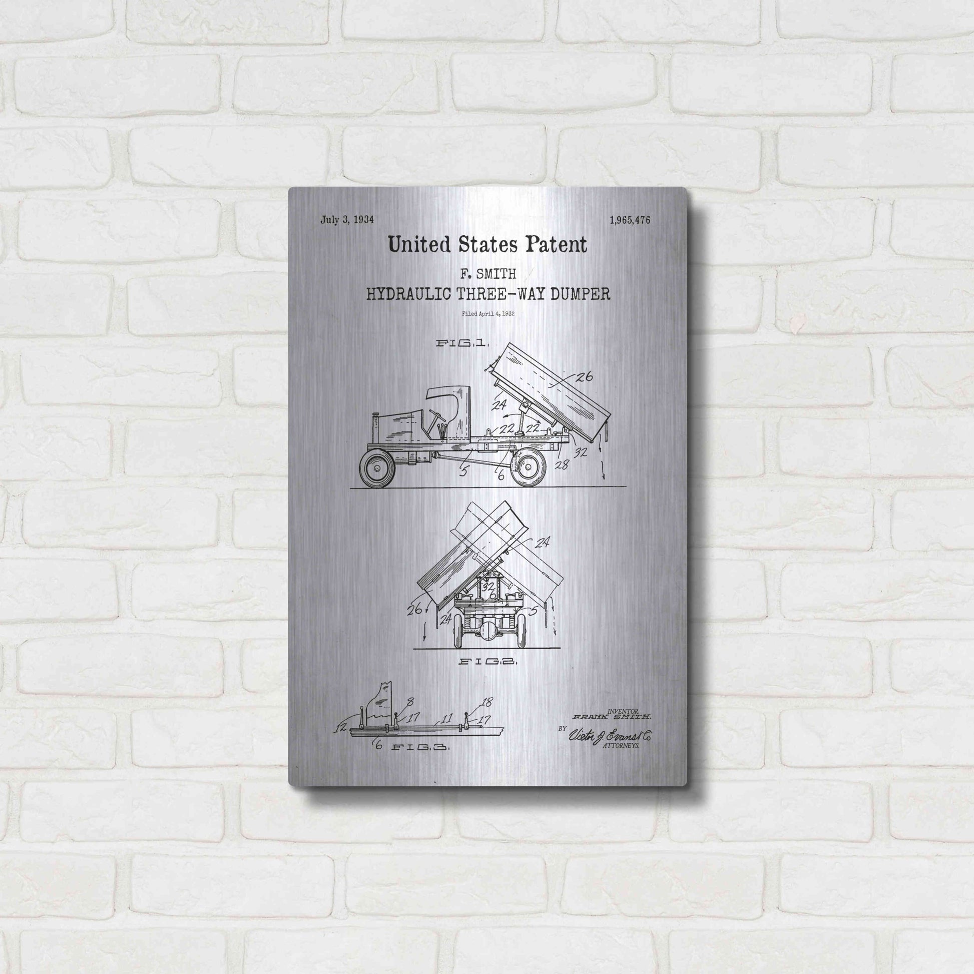 Luxe Metal Art 'Dump Truck 1934 Blueprint Patent White' Metal Wall Art,16x24