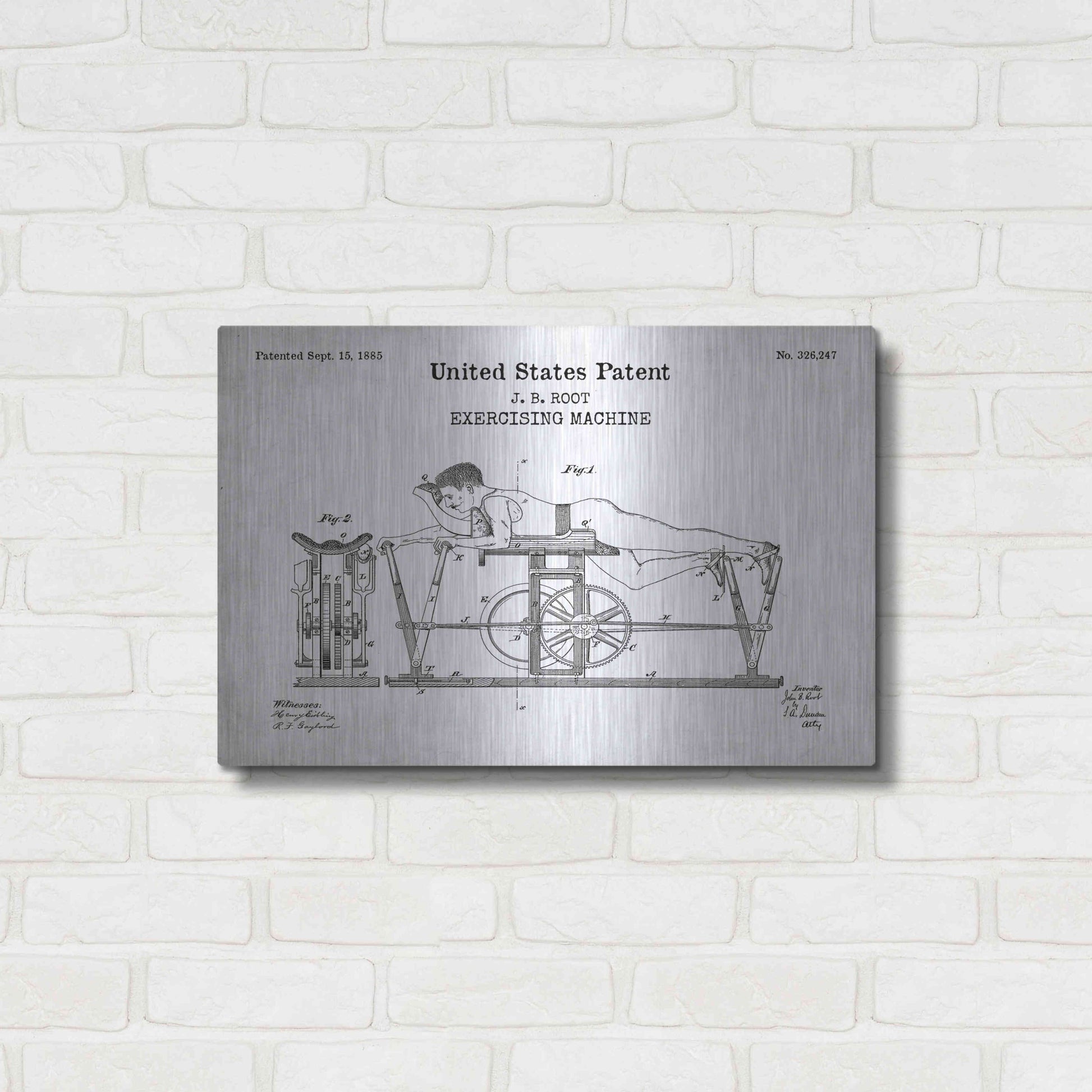 Luxe Metal Art 'Exercising Machine Blueprint Patent White' Acrylic Glass Wall Art,24x16