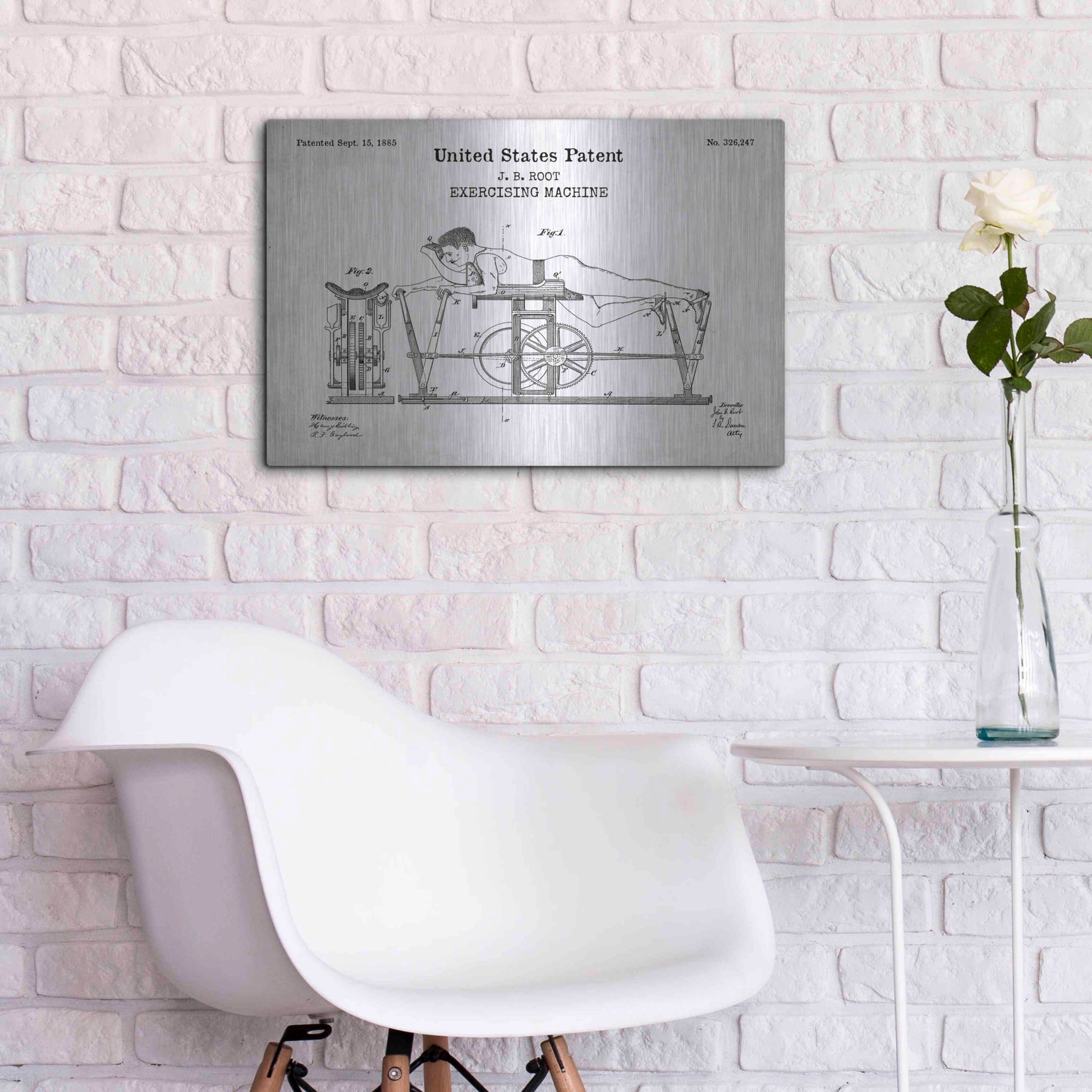 Luxe Metal Art 'Exercising Machine Blueprint Patent White' Acrylic Glass Wall Art,24x16