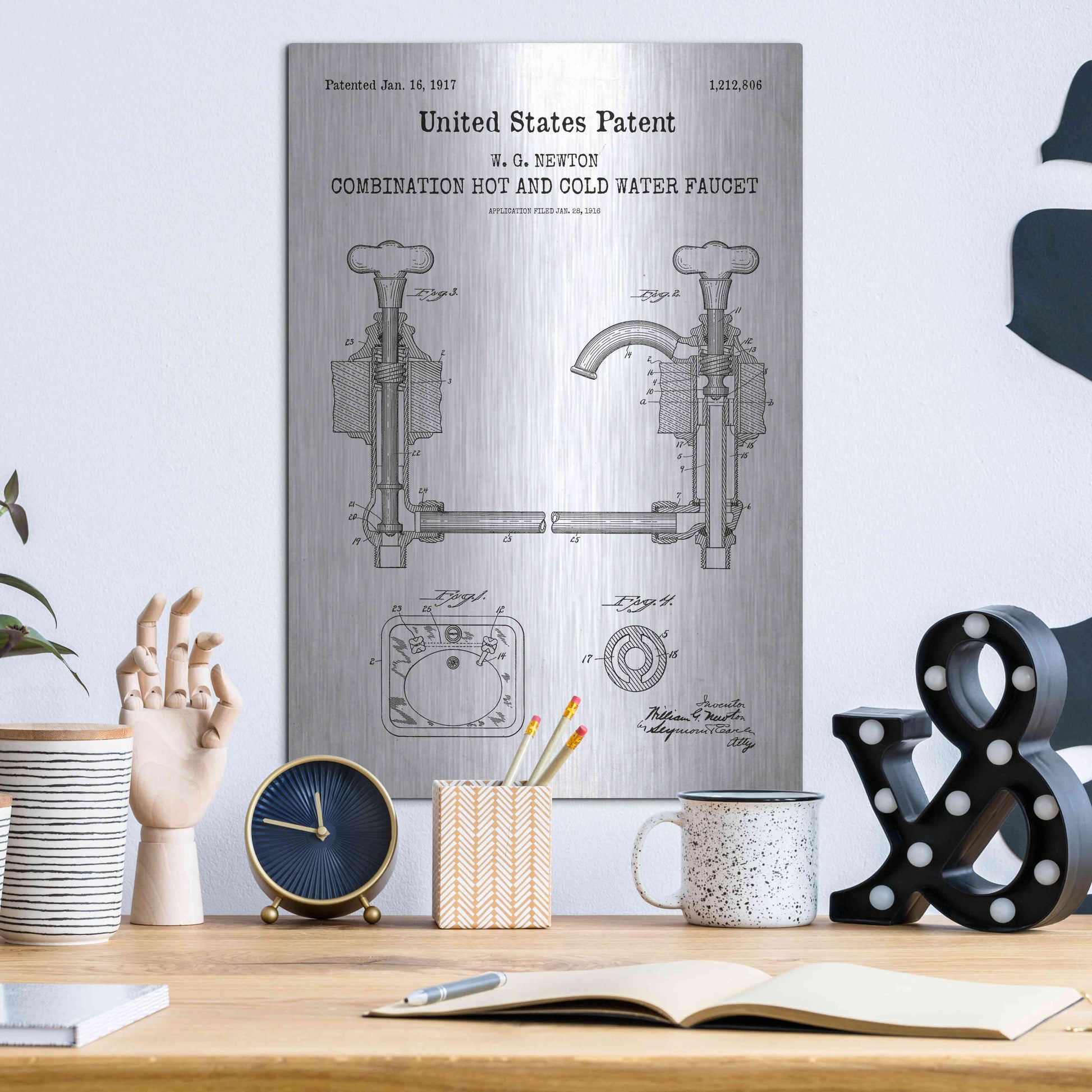 Luxe Metal Art 'Faucet Blueprint Patent White' Acrylic Glass Wall Art,12x16