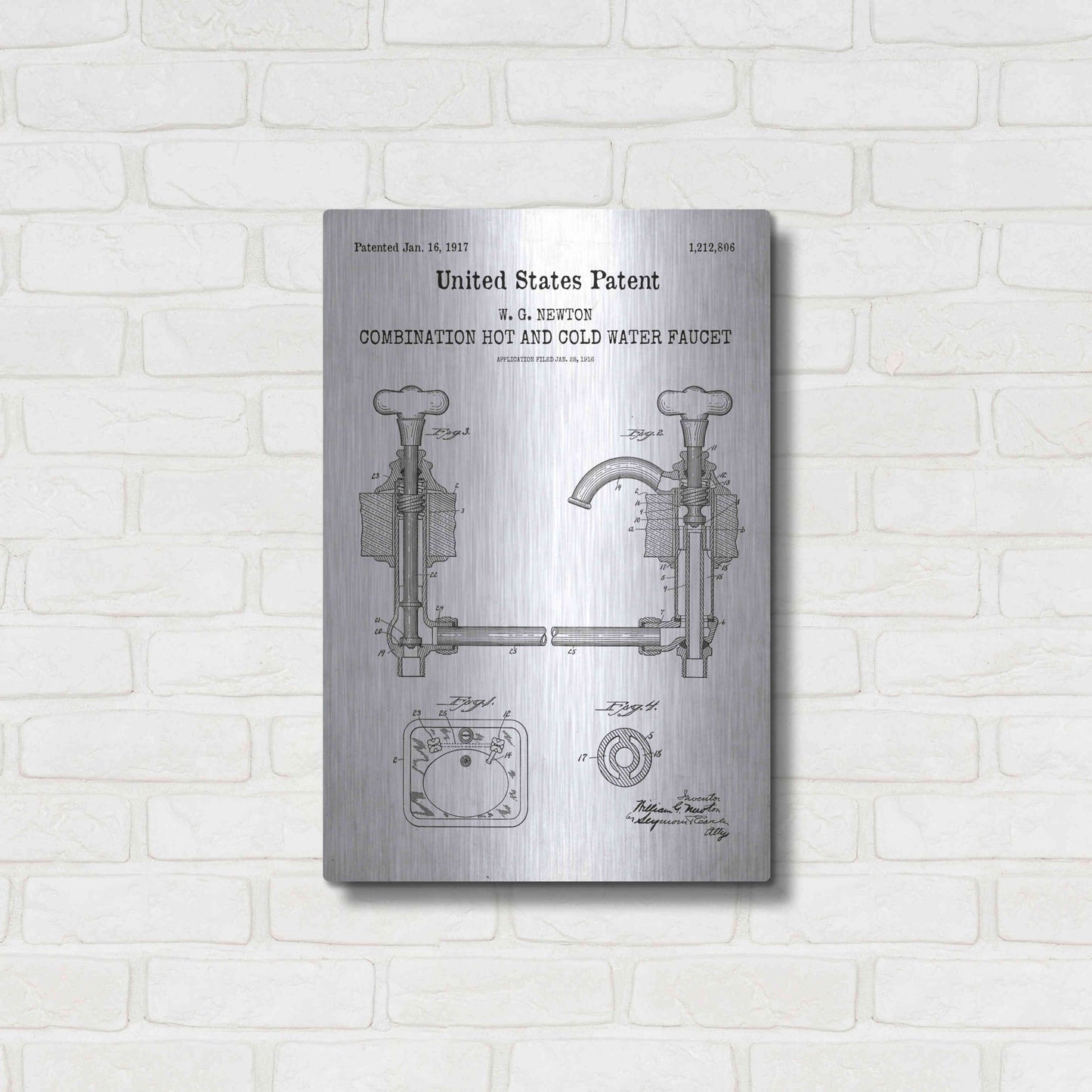 Luxe Metal Art 'Faucet Blueprint Patent White' Acrylic Glass Wall Art,16x24