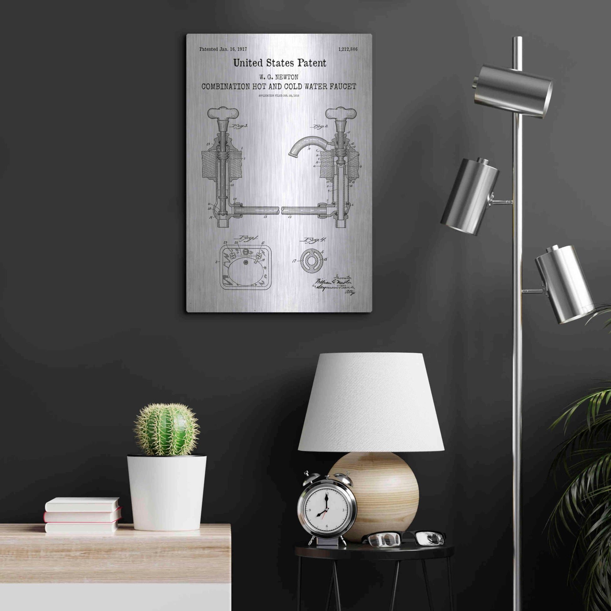 Luxe Metal Art 'Faucet Blueprint Patent White' Acrylic Glass Wall Art,16x24