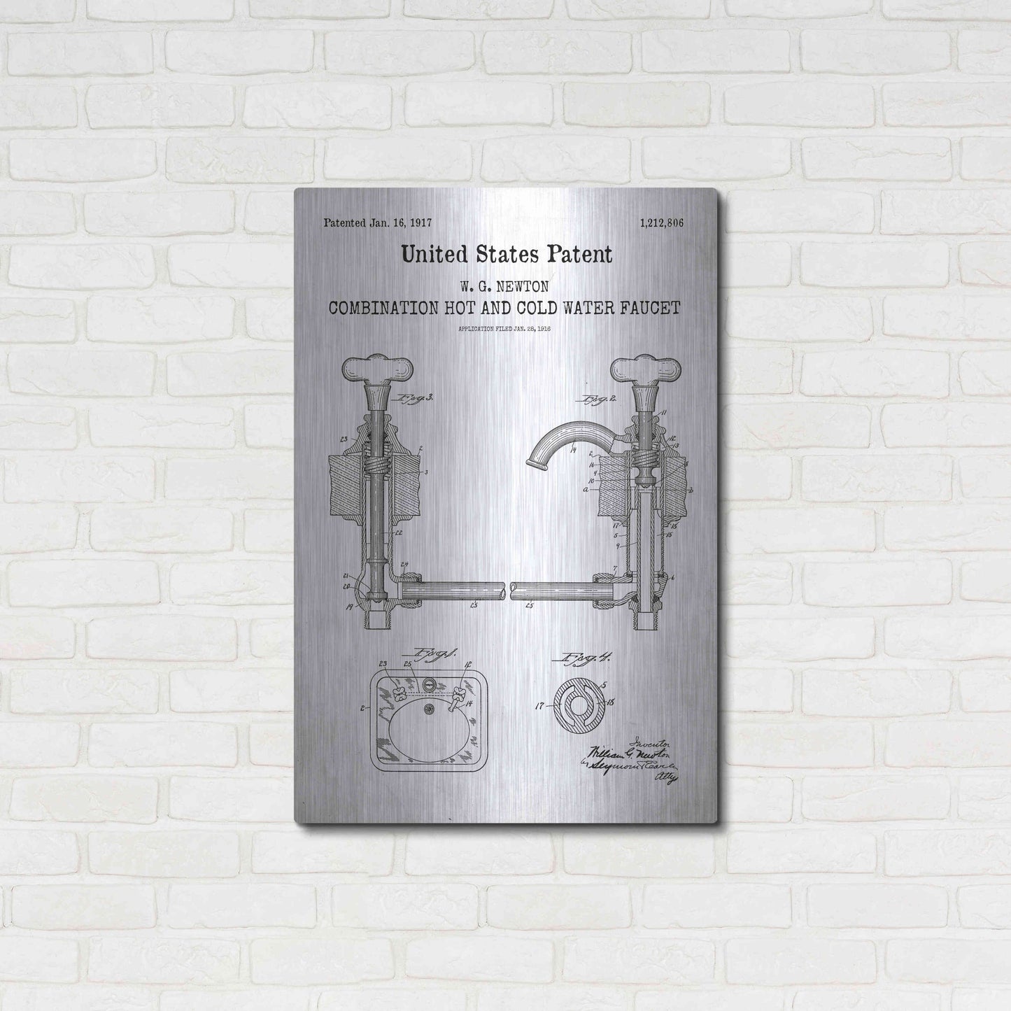 Luxe Metal Art 'Faucet Blueprint Patent White' Acrylic Glass Wall Art,24x36