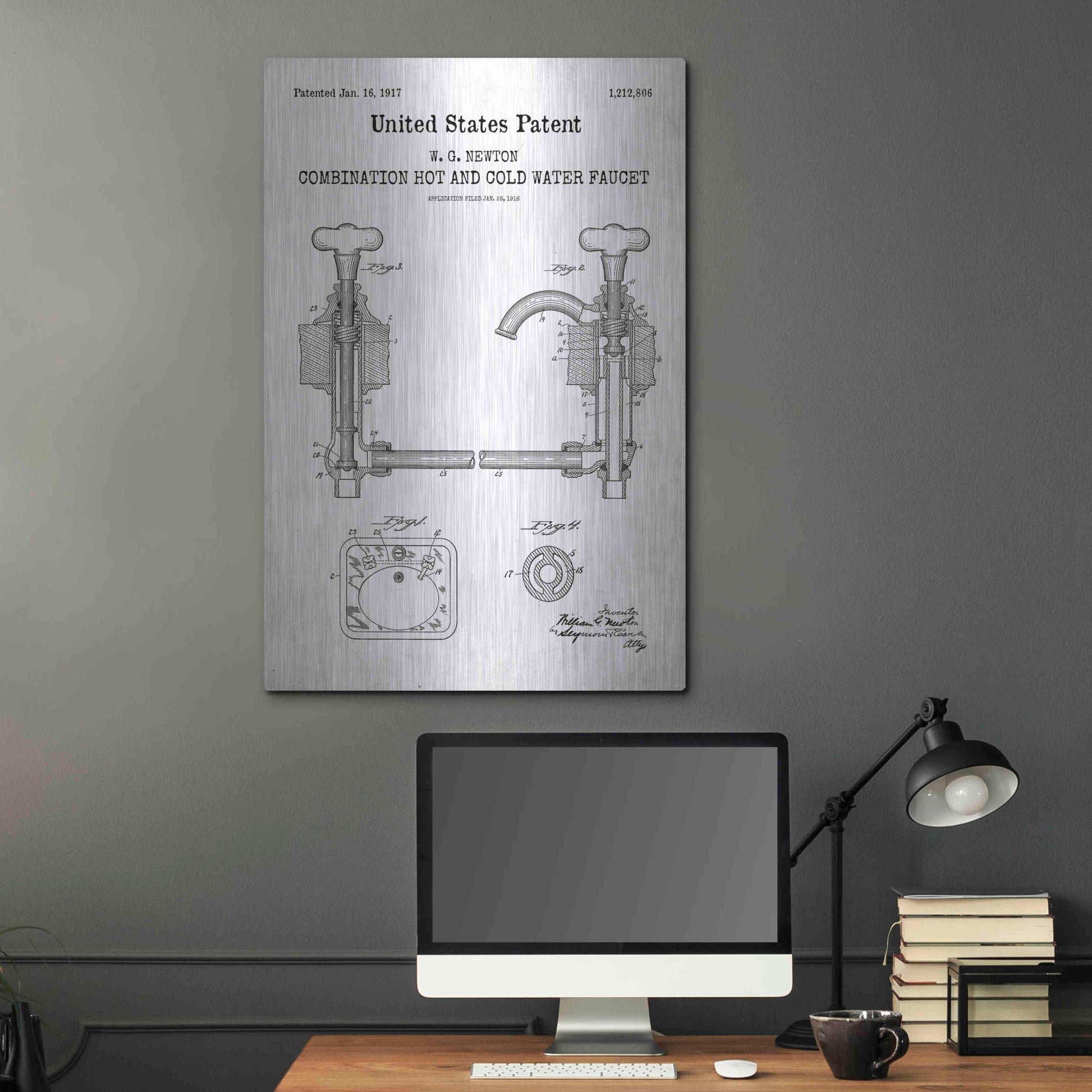 Luxe Metal Art 'Faucet Blueprint Patent White' Acrylic Glass Wall Art,24x36