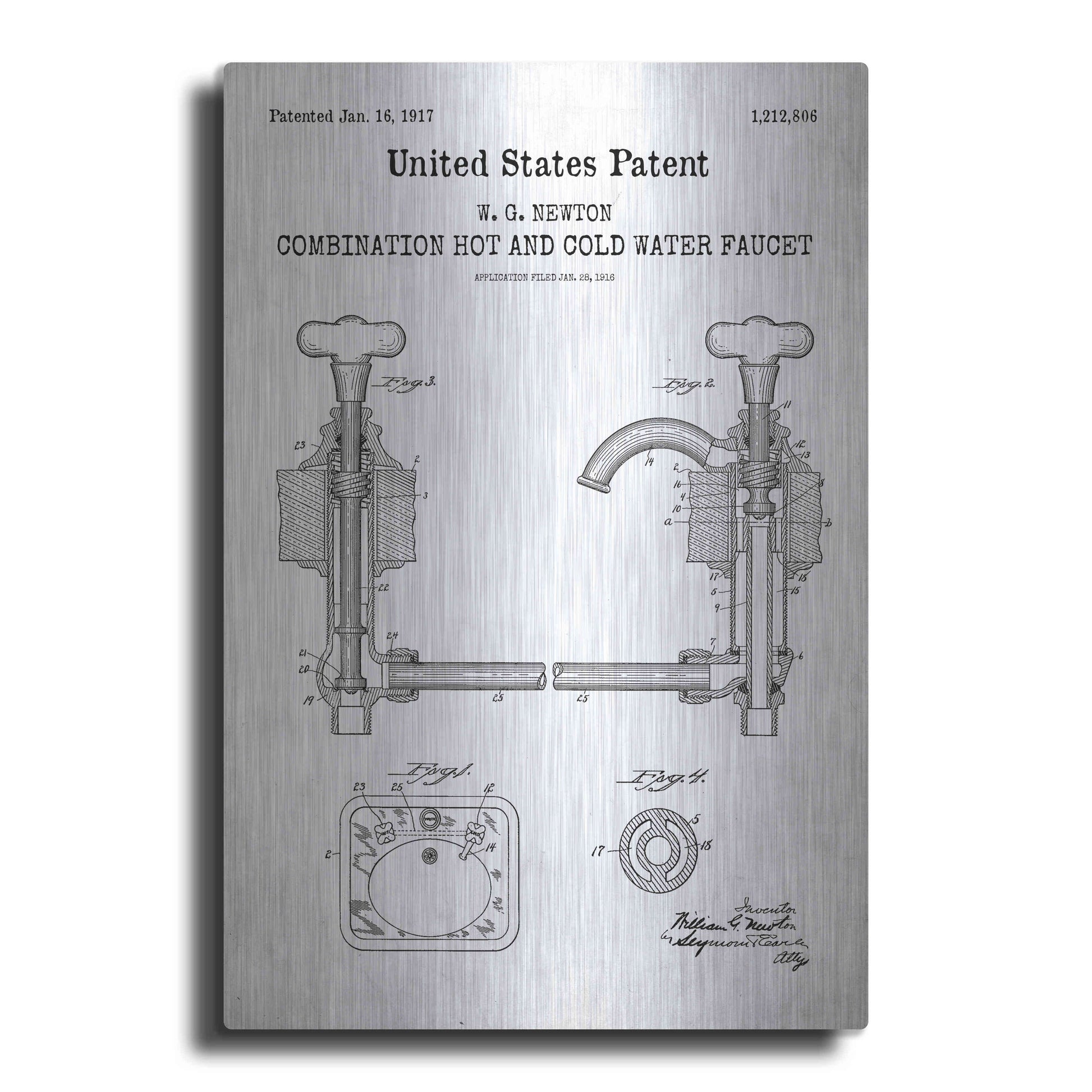 Luxe Metal Art 'Faucet Blueprint Patent White' Acrylic Glass Wall Art