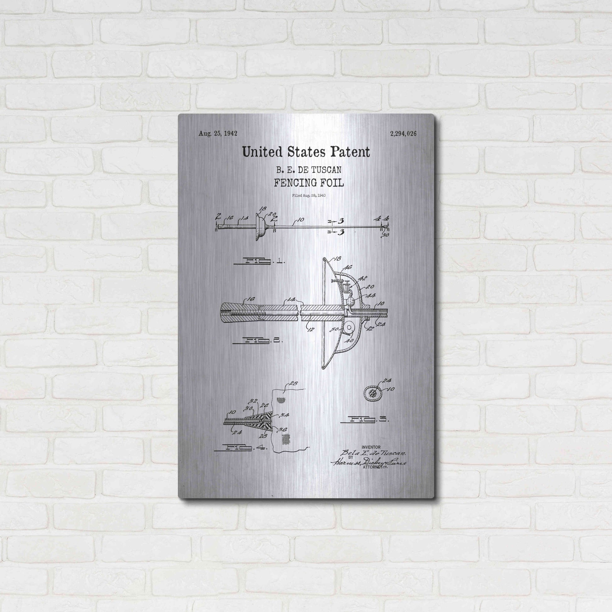 Luxe Metal Art 'Fencing Foil Blueprint Patent White' Acrylic Glass Wall Art,24x36