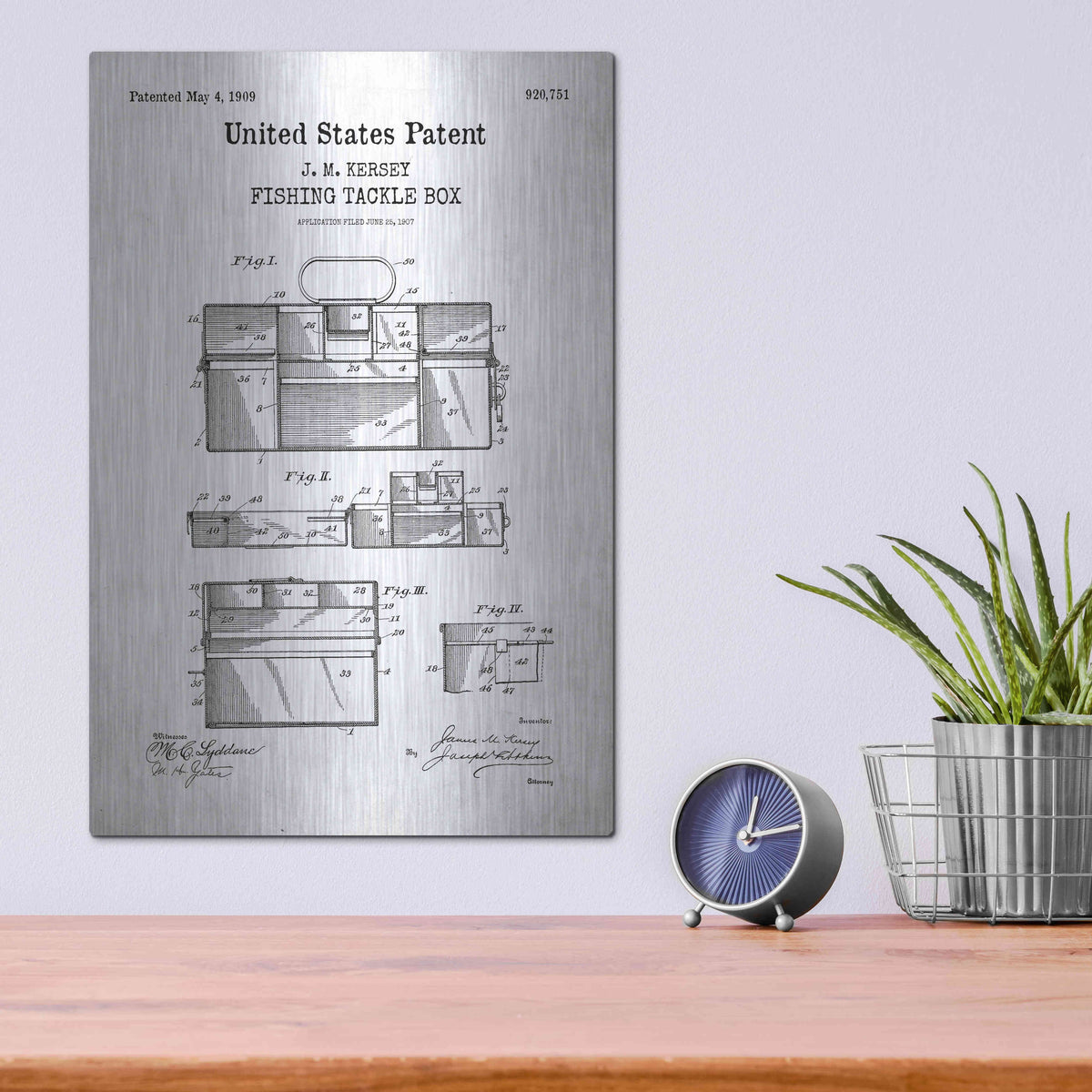 Luxe Metal Art 'Fishing Tackle Box Blueprint Patent White' Metal Wall Art,12x16