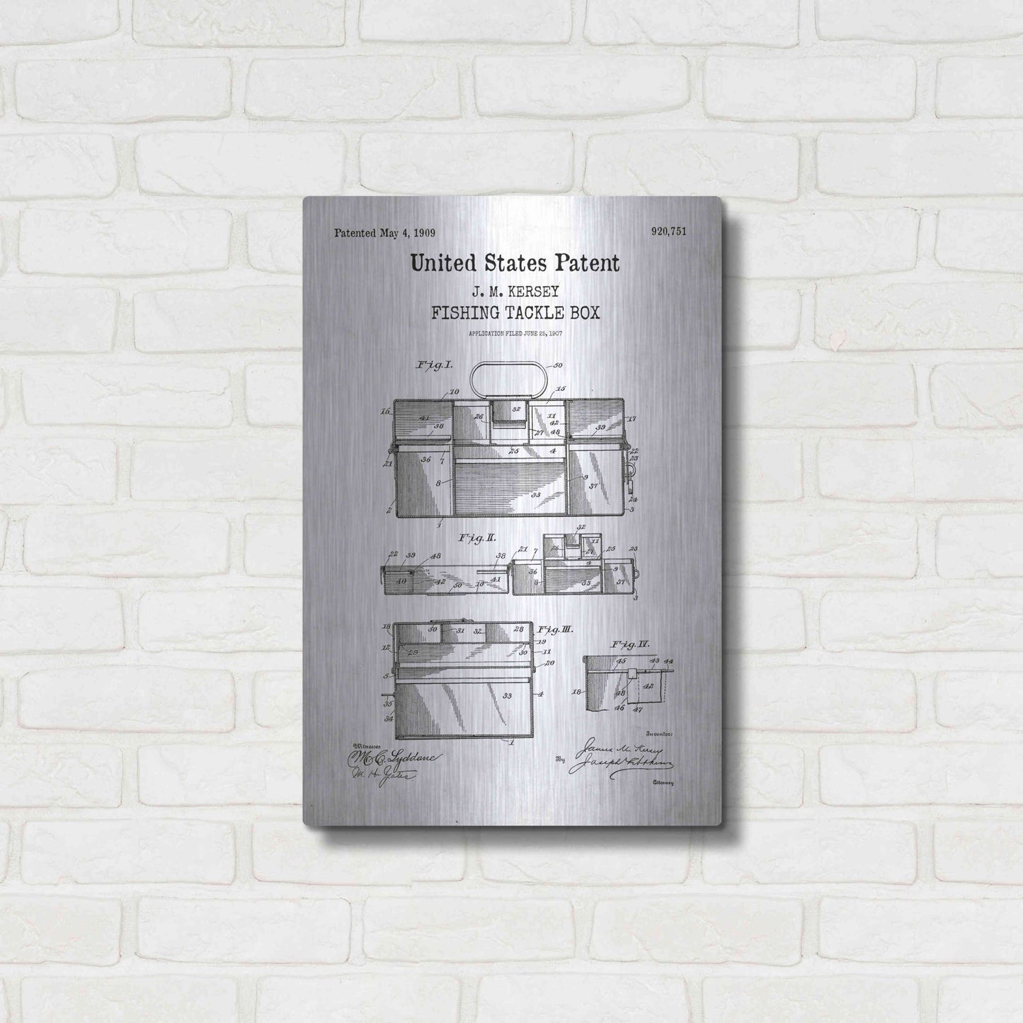 Luxe Metal Art 'Fishing Tackle Box Blueprint Patent White' Acrylic Glass Wall Art,16x24