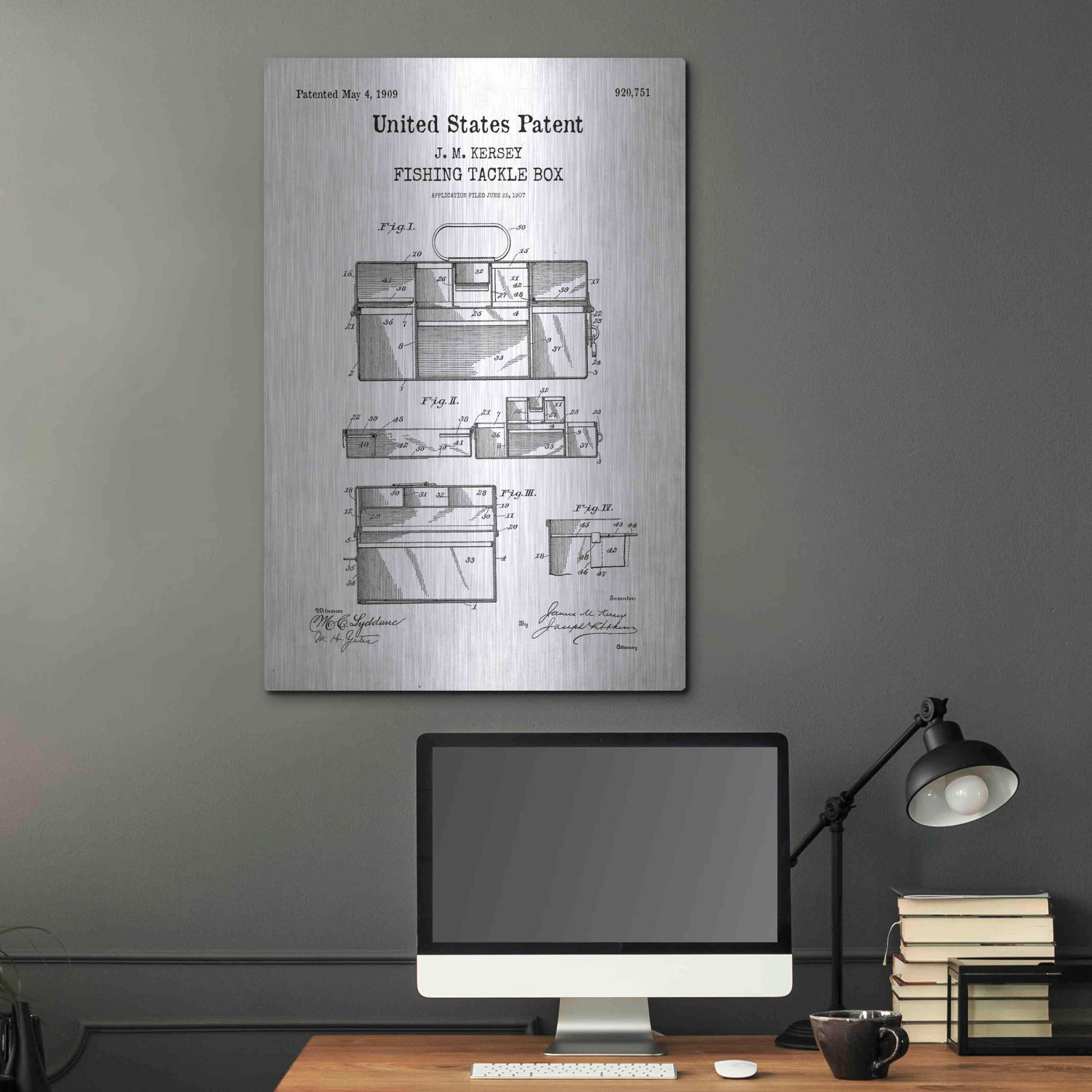 Luxe Metal Art 'Fishing Tackle Box Blueprint Patent White' Acrylic Glass Wall Art,24x36