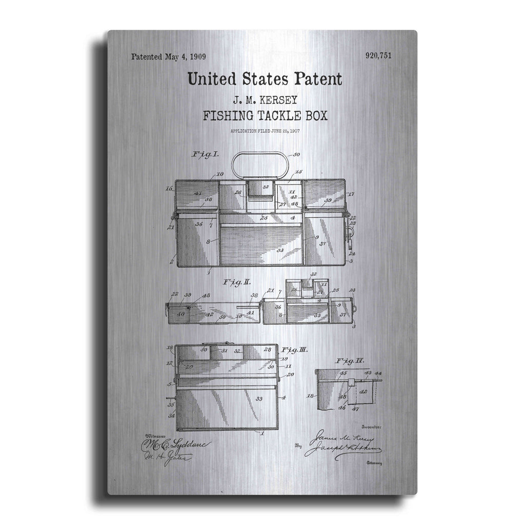 Luxe Metal Art 'Fishing Tackle Box Blueprint Patent White' Metal Wall Art