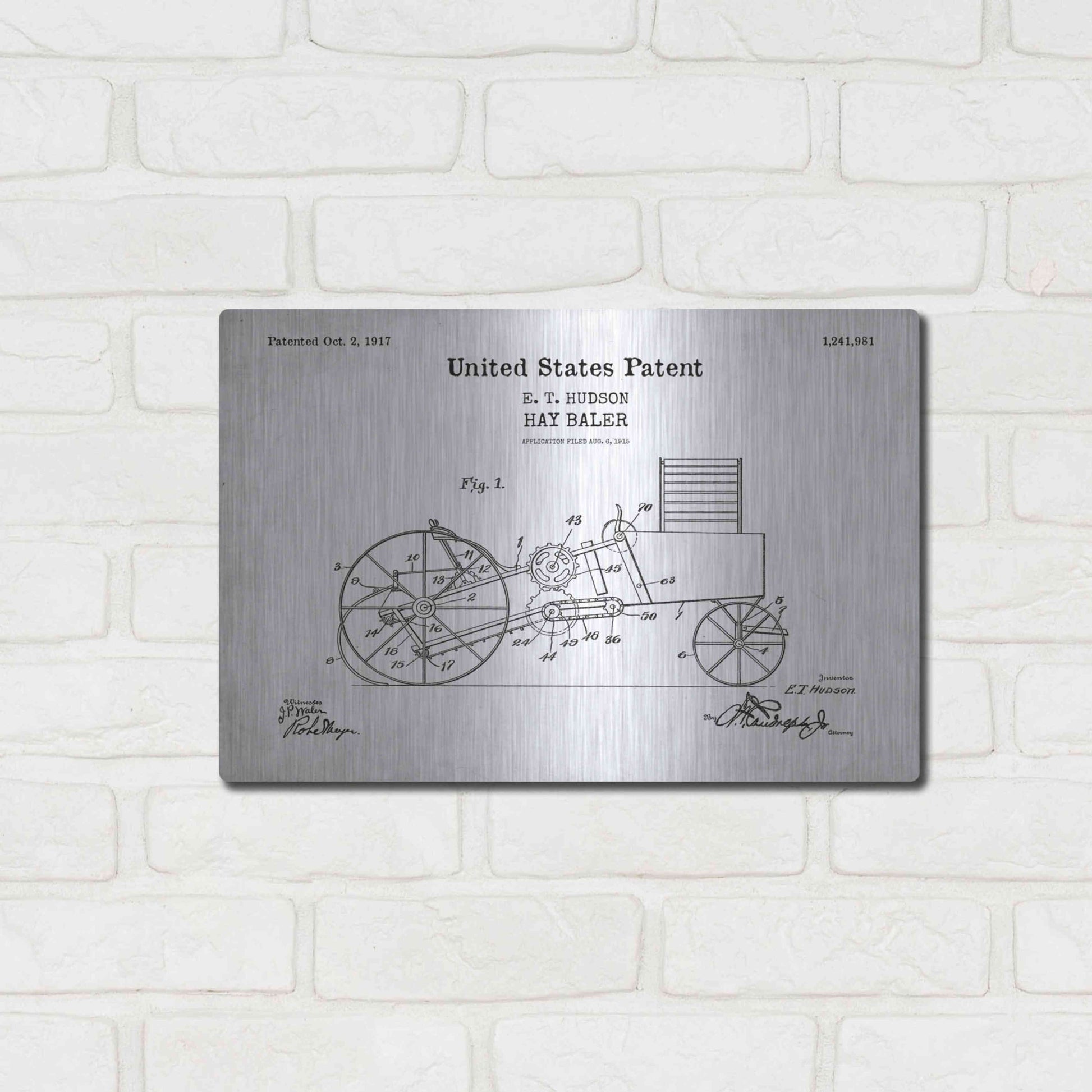 Luxe Metal Art 'HayBaler Blueprint Patent White' Acrylic Glass Wall Art,16x12