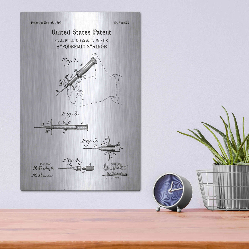 Luxe Metal Art 'Hypodermic Syringe Blueprint Patent White' Metal Wall Art,12x16