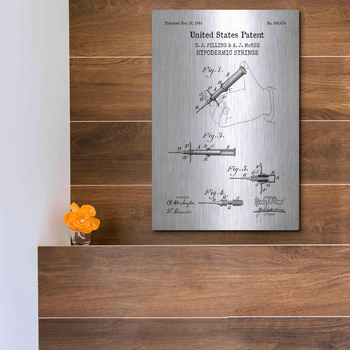 Luxe Metal Art 'Hypodermic Syringe Blueprint Patent White' Acrylic Glass Wall Art,12x16